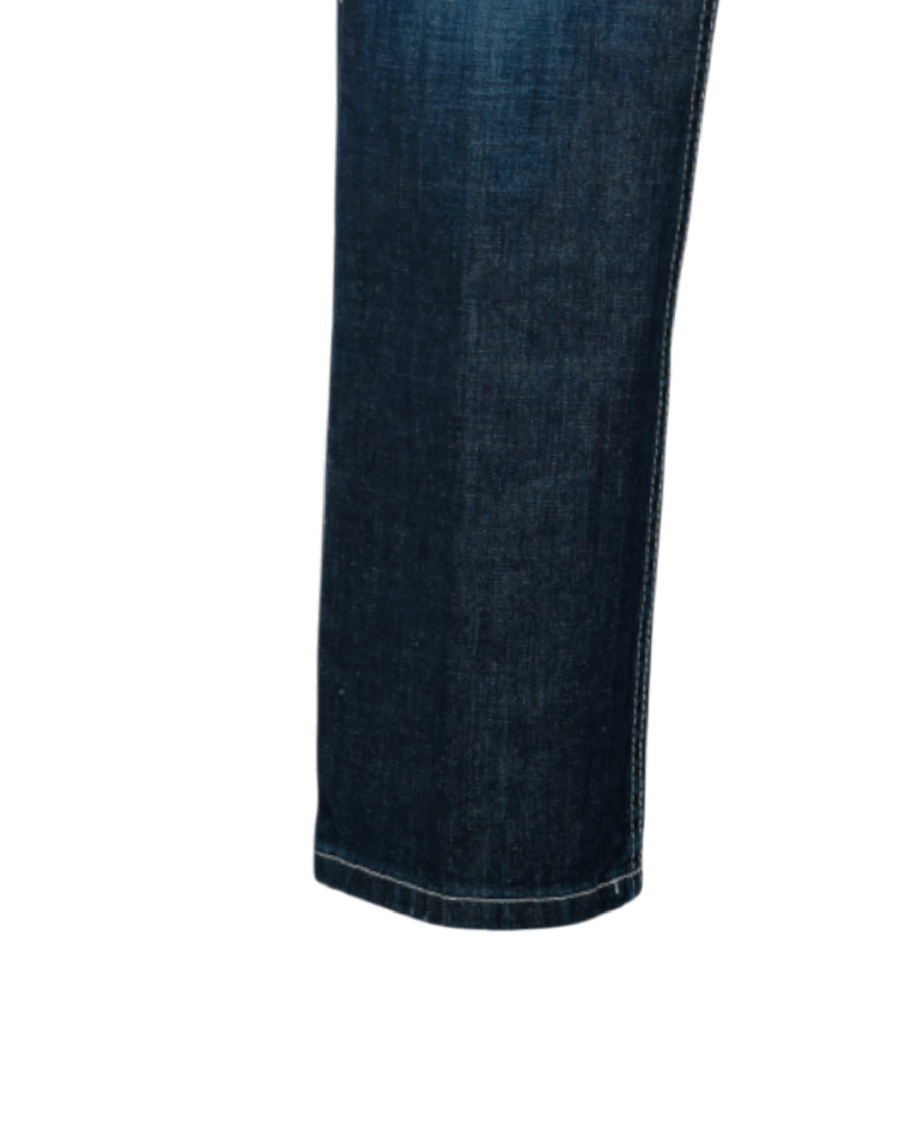 Close-up of dark blue jeans on a white background
