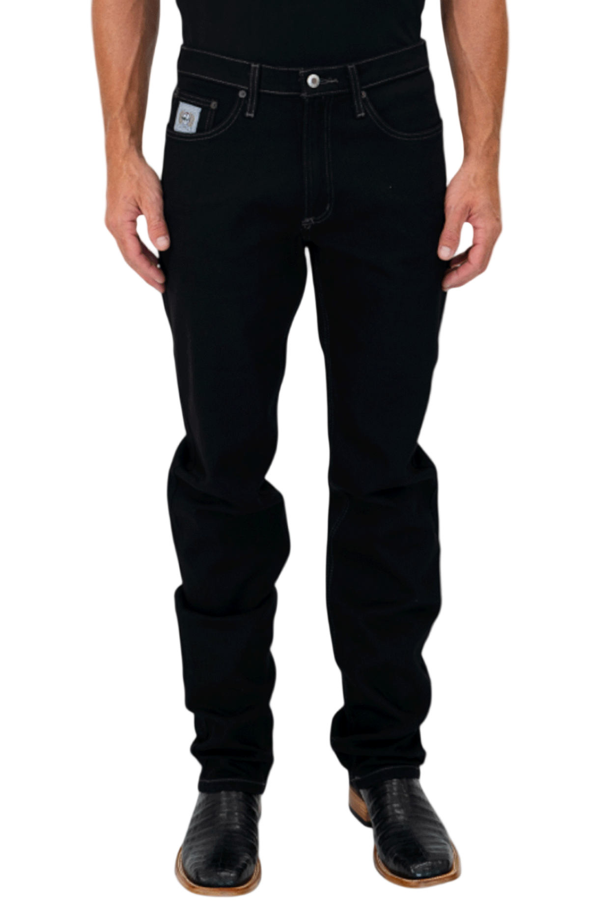 Person wearing black jeans on a white background
