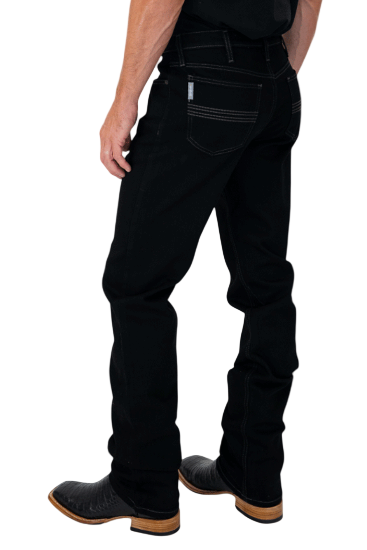 Person wearing black jeans on a white background