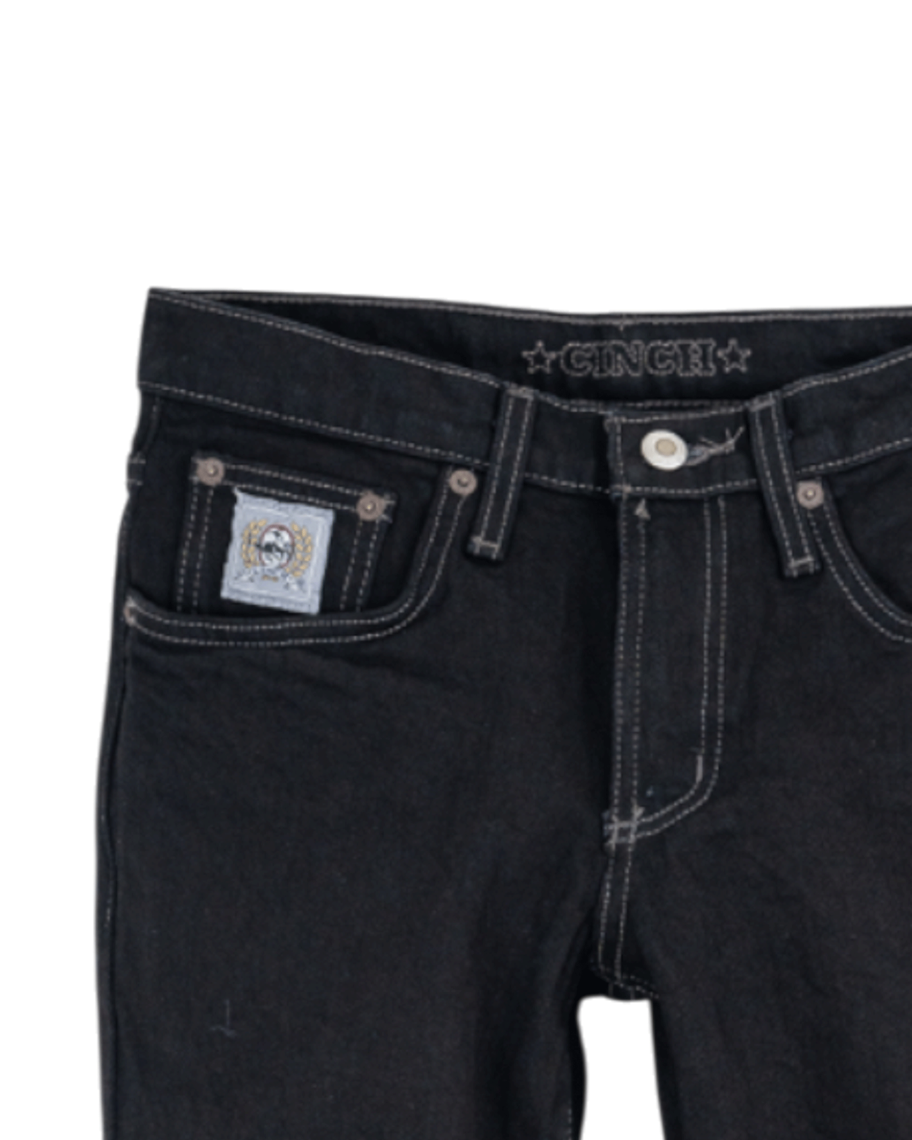 Black jeans with a visible brand label on a white background
