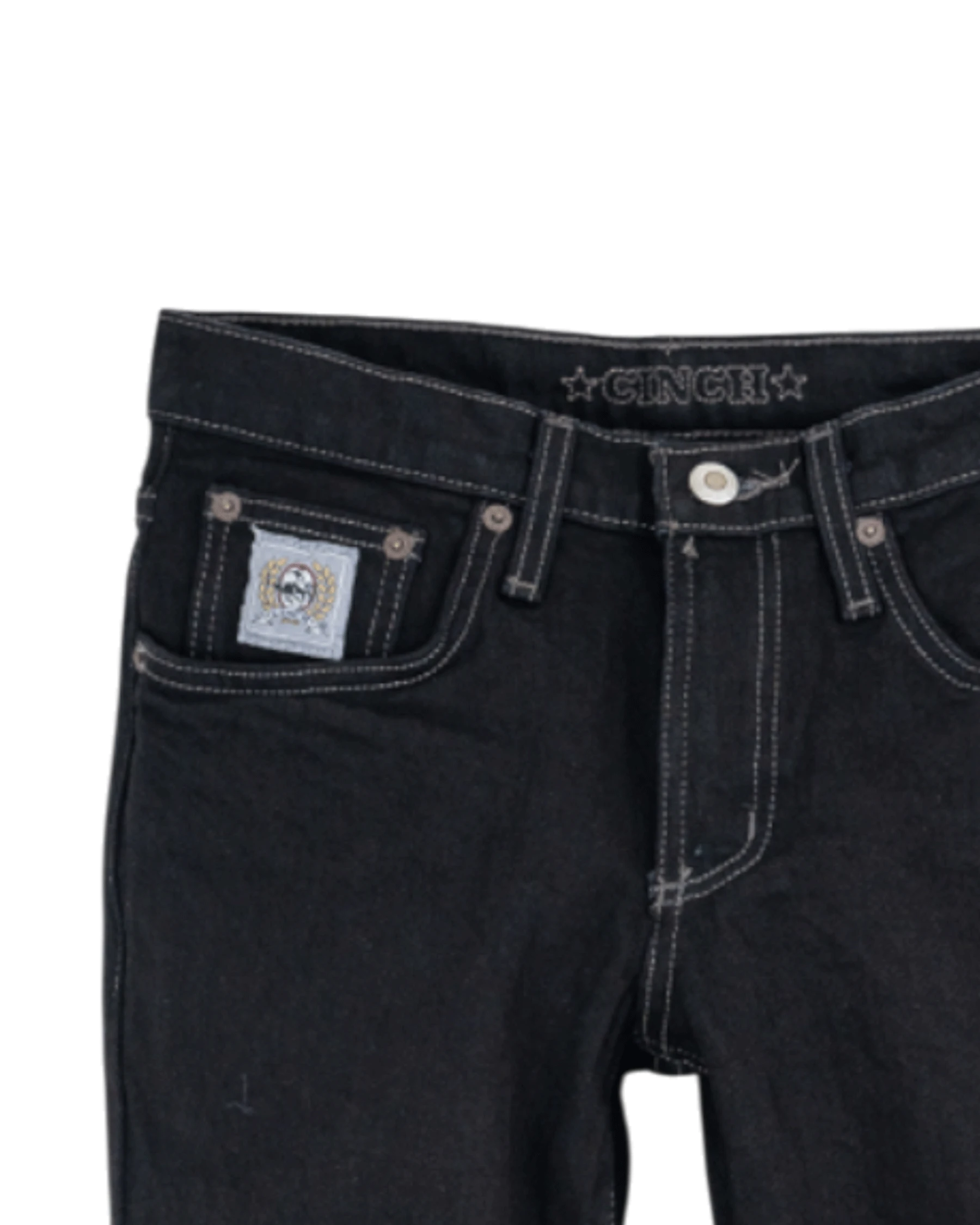 Black jeans with a visible brand label on a white background