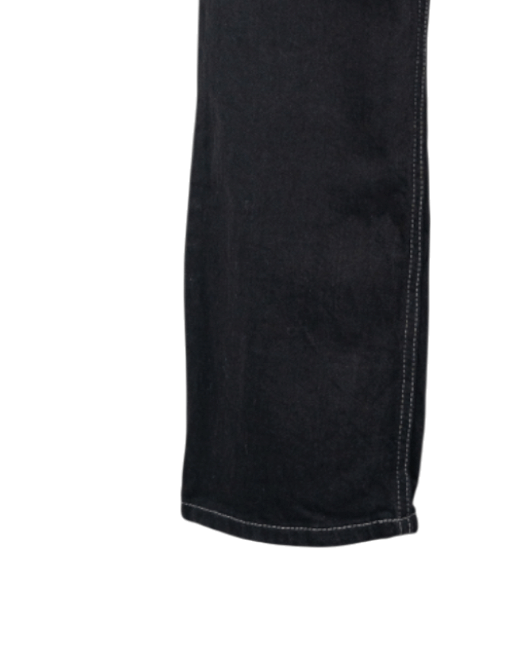 Close-up of a black denim fabric with visible stitching on a white background