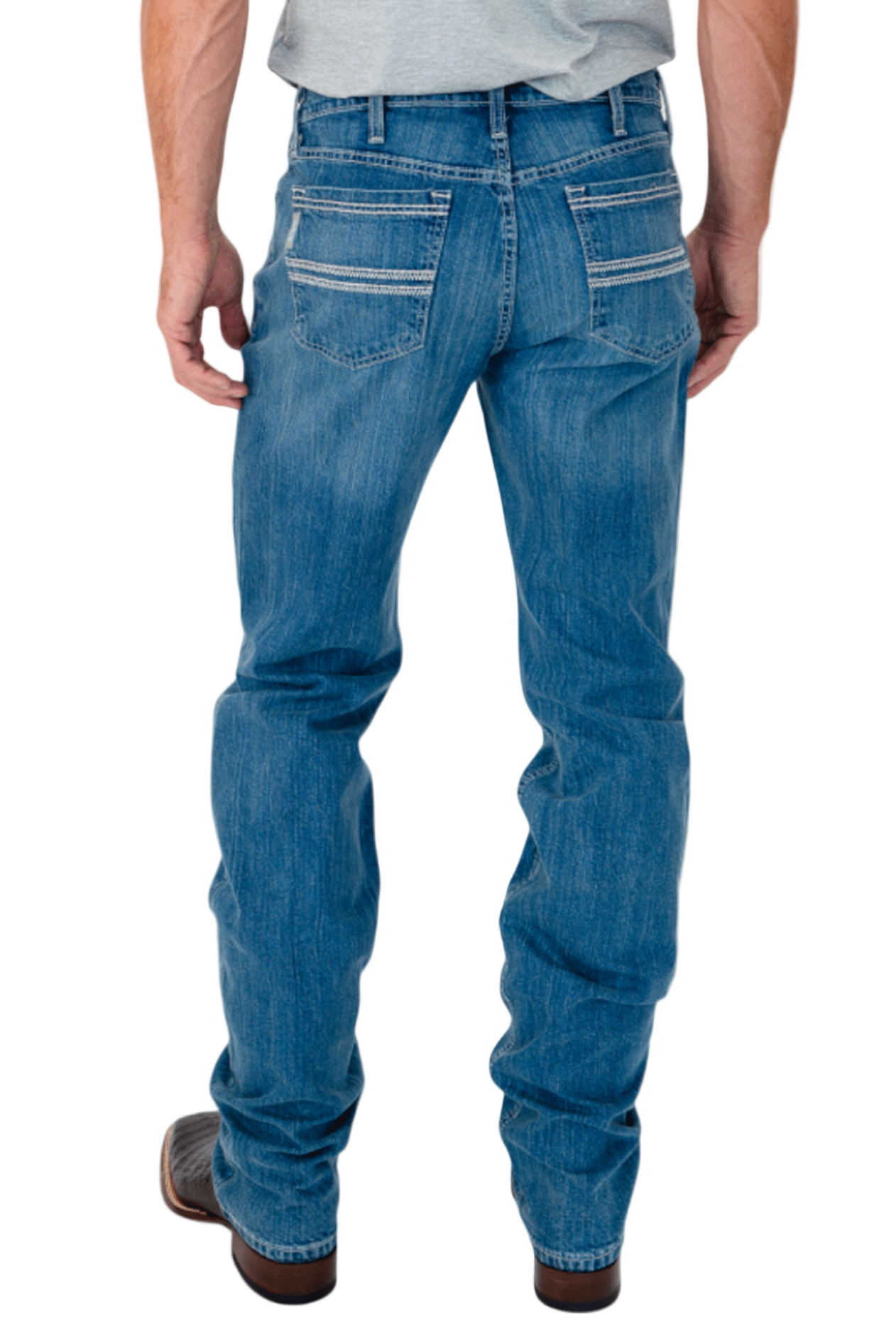 Person wearing blue jeans on a white background