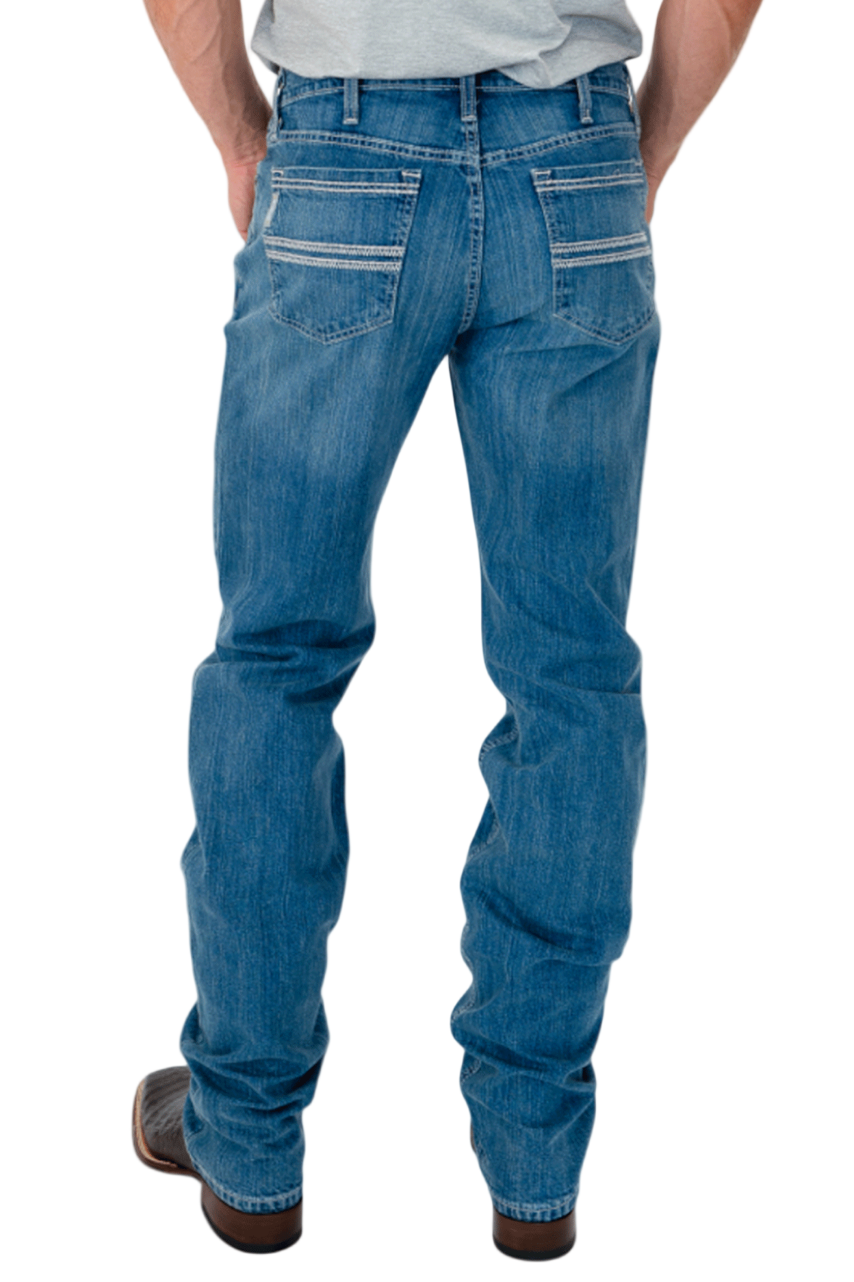 Person wearing blue jeans on a white background