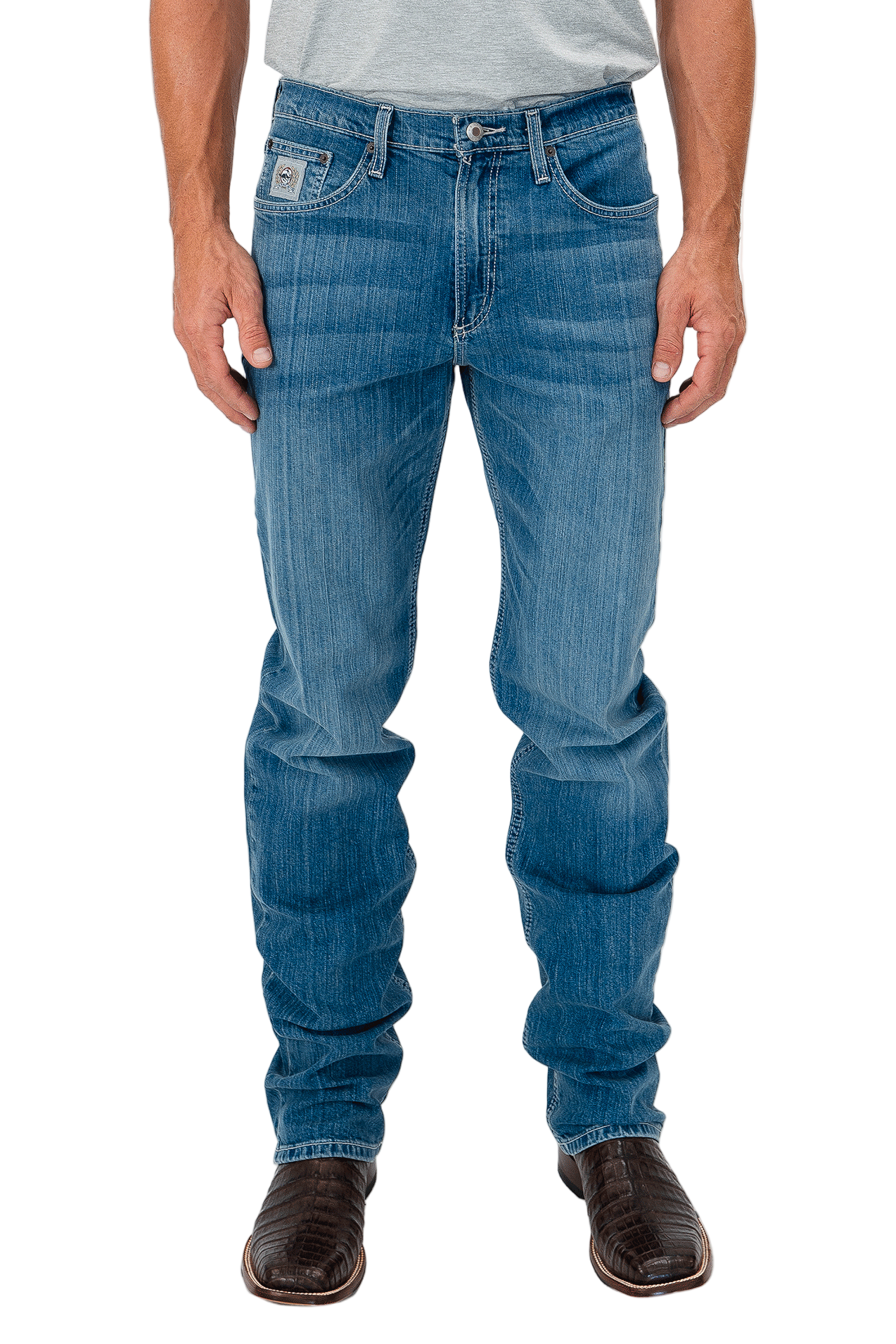 Person wearing blue jeans on a white background