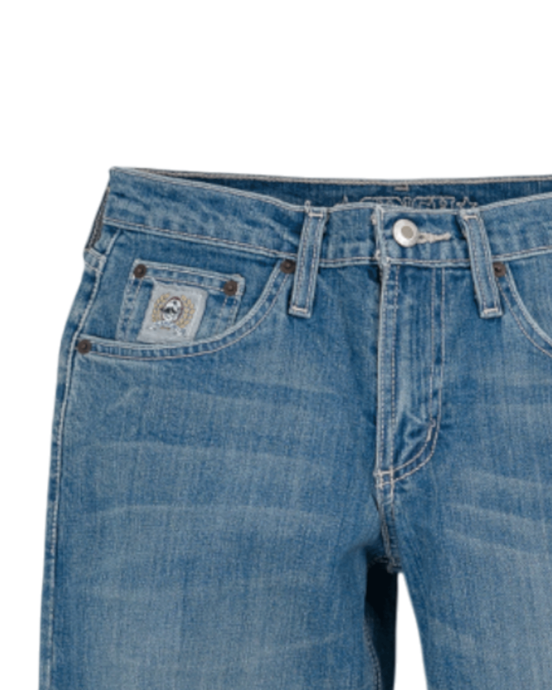 Close-up of blue jeans with a brand logo on a white background