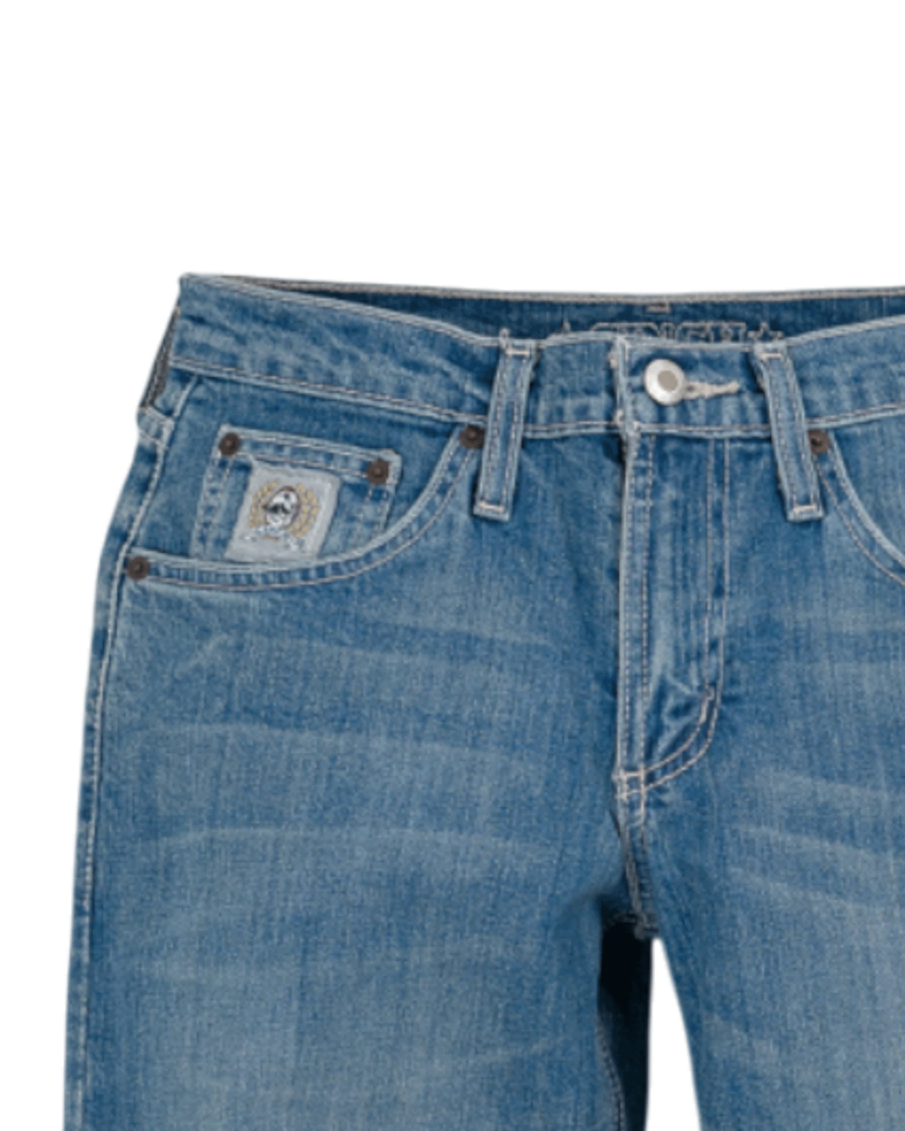 Close-up of blue jeans with a brand logo on a white background