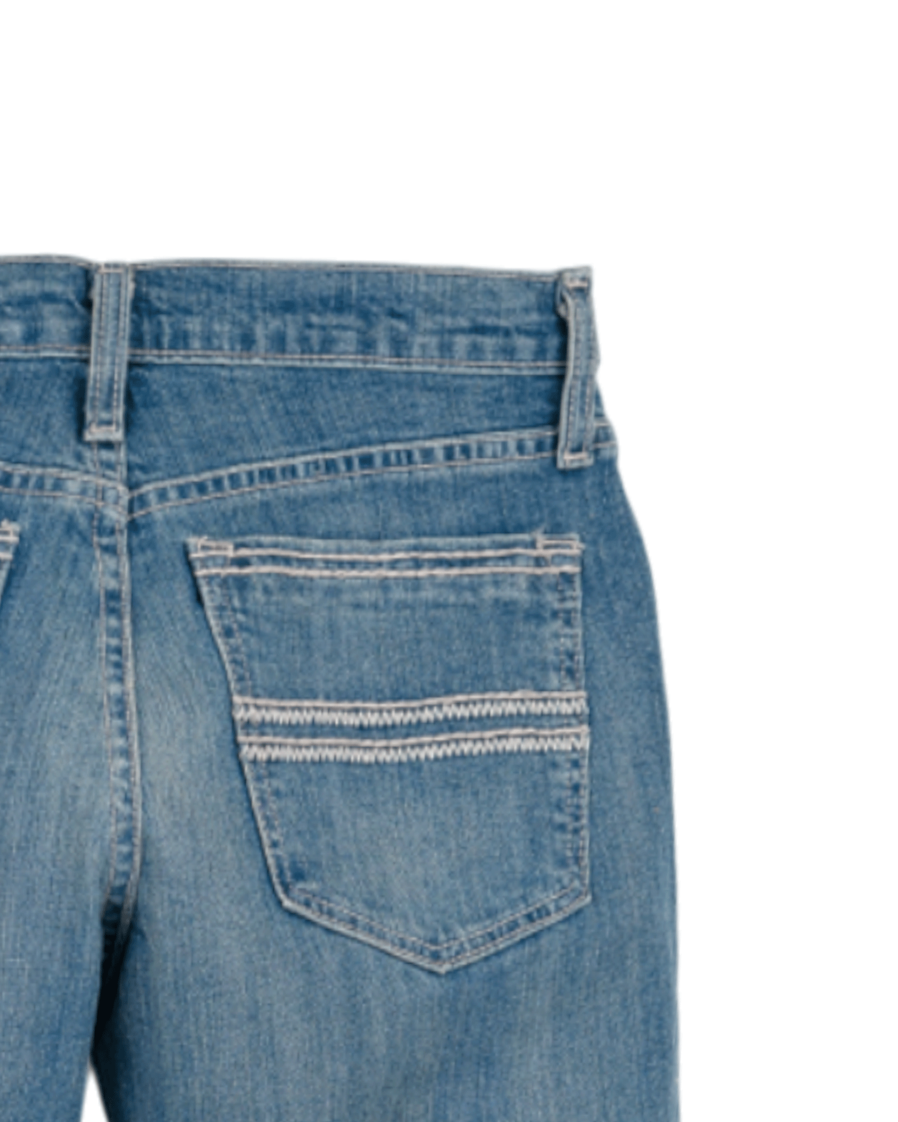 Close-up of blue jeans with a pocket on a white background