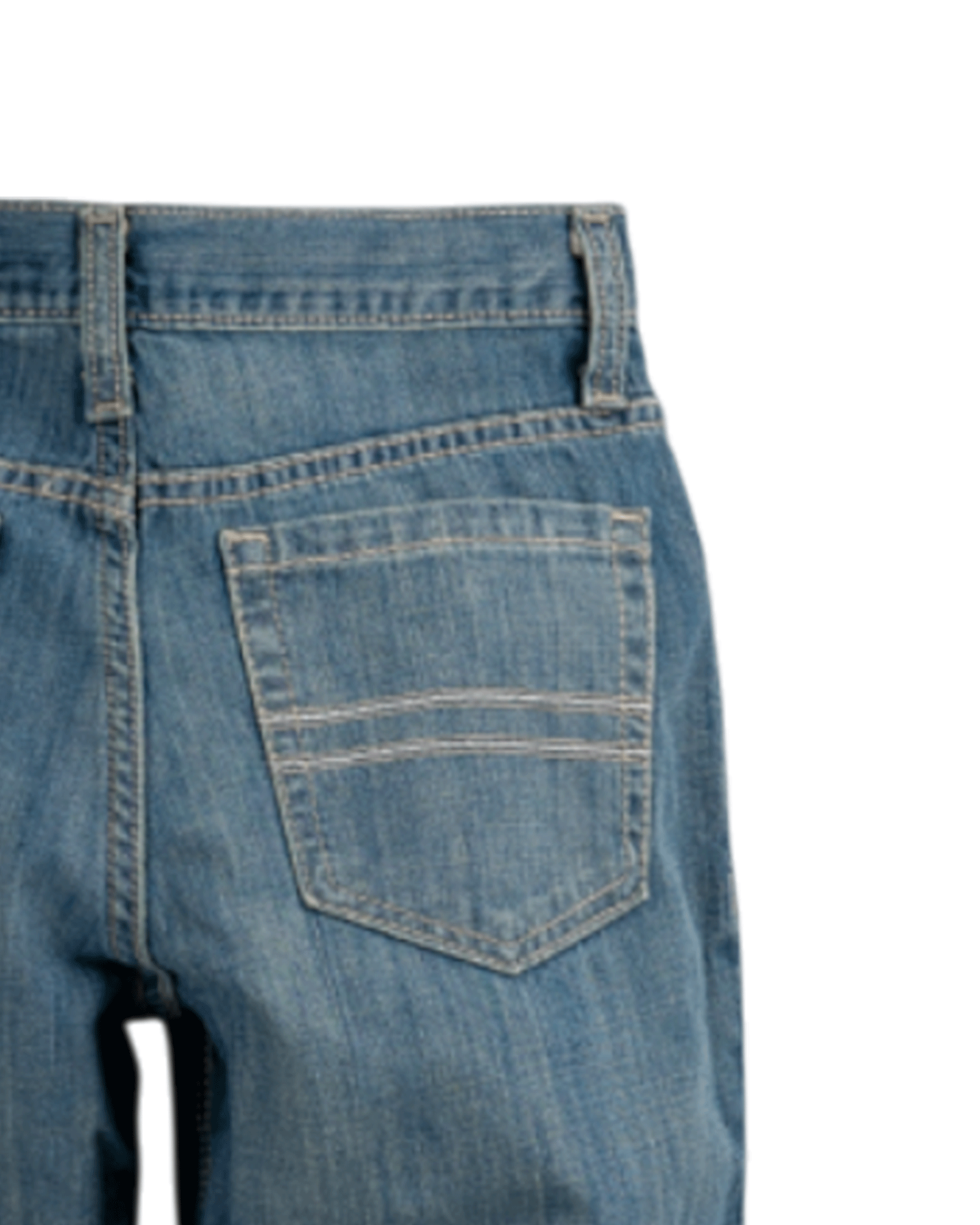 Close-up of blue jeans with a pocket on a white background