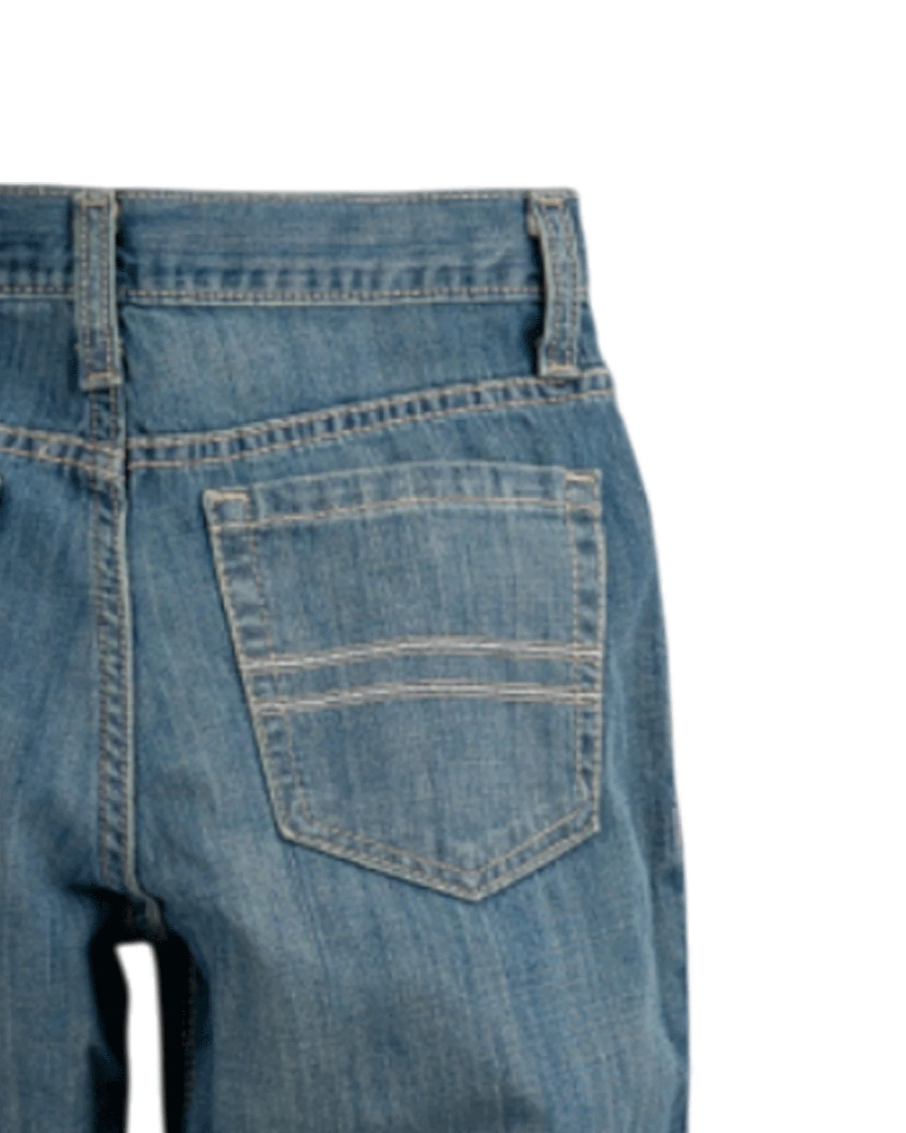 Close-up of blue jeans with a pocket on a white background