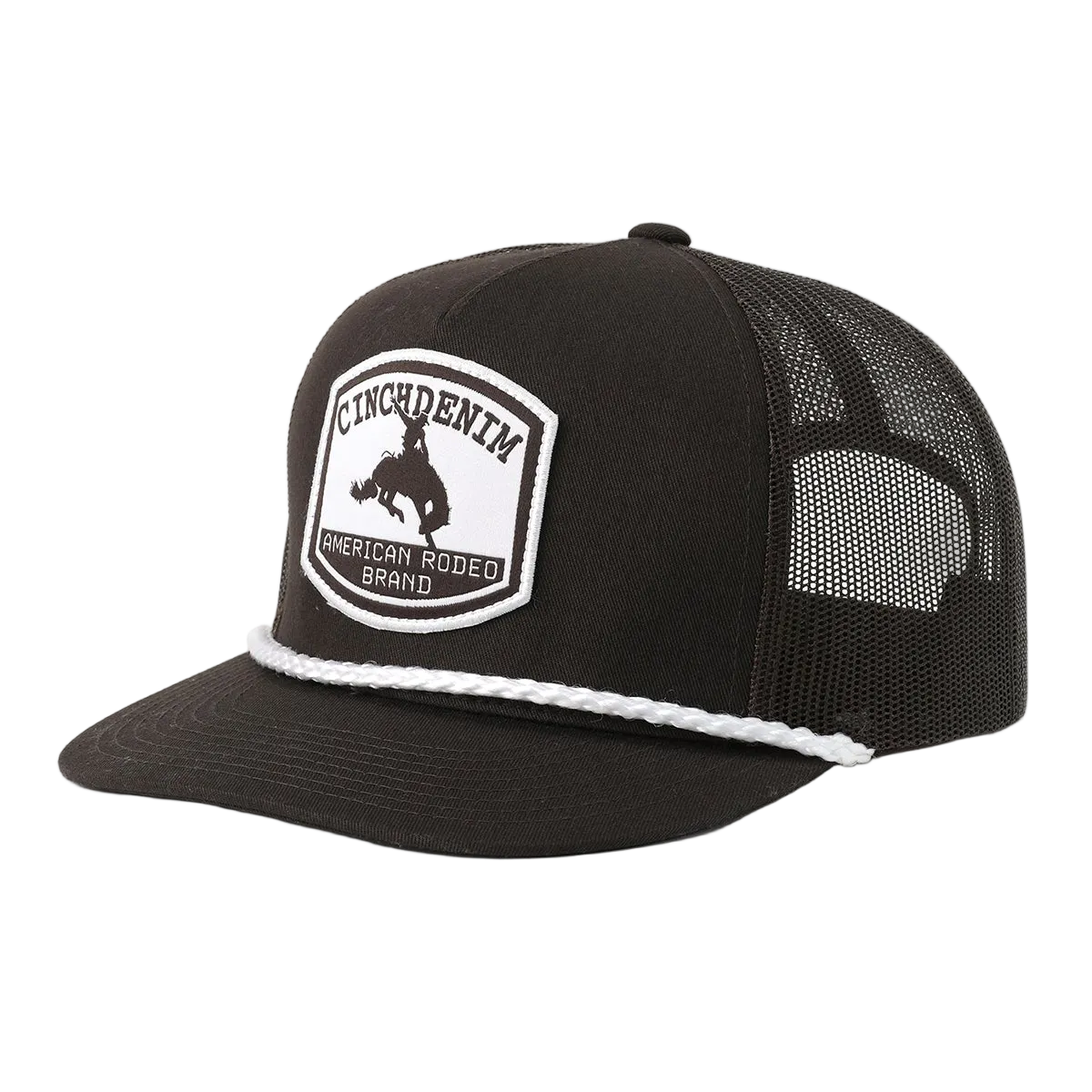 Black trucker cap with a white logo on a white background