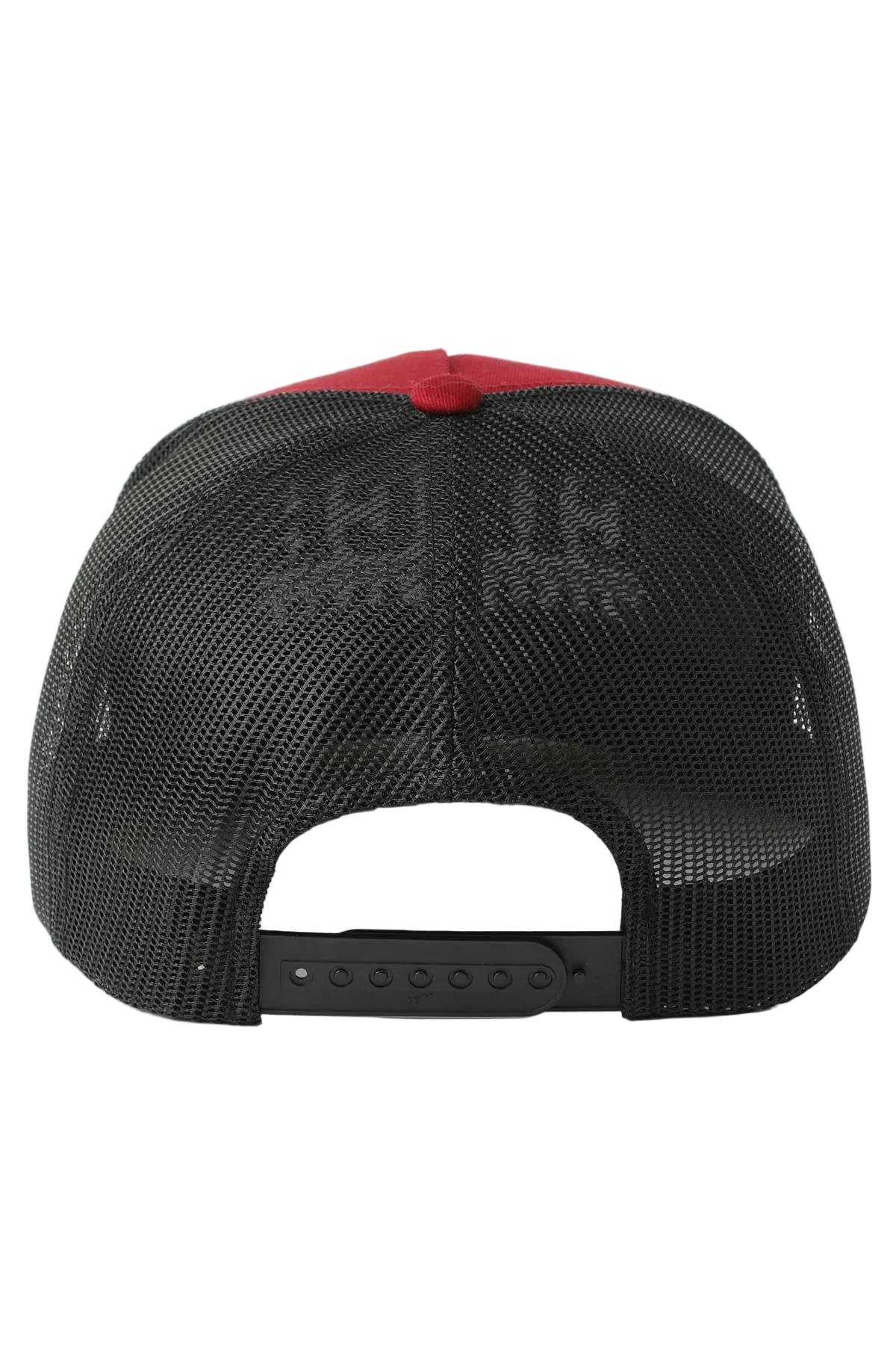 Black and red cap with mesh back on a white background