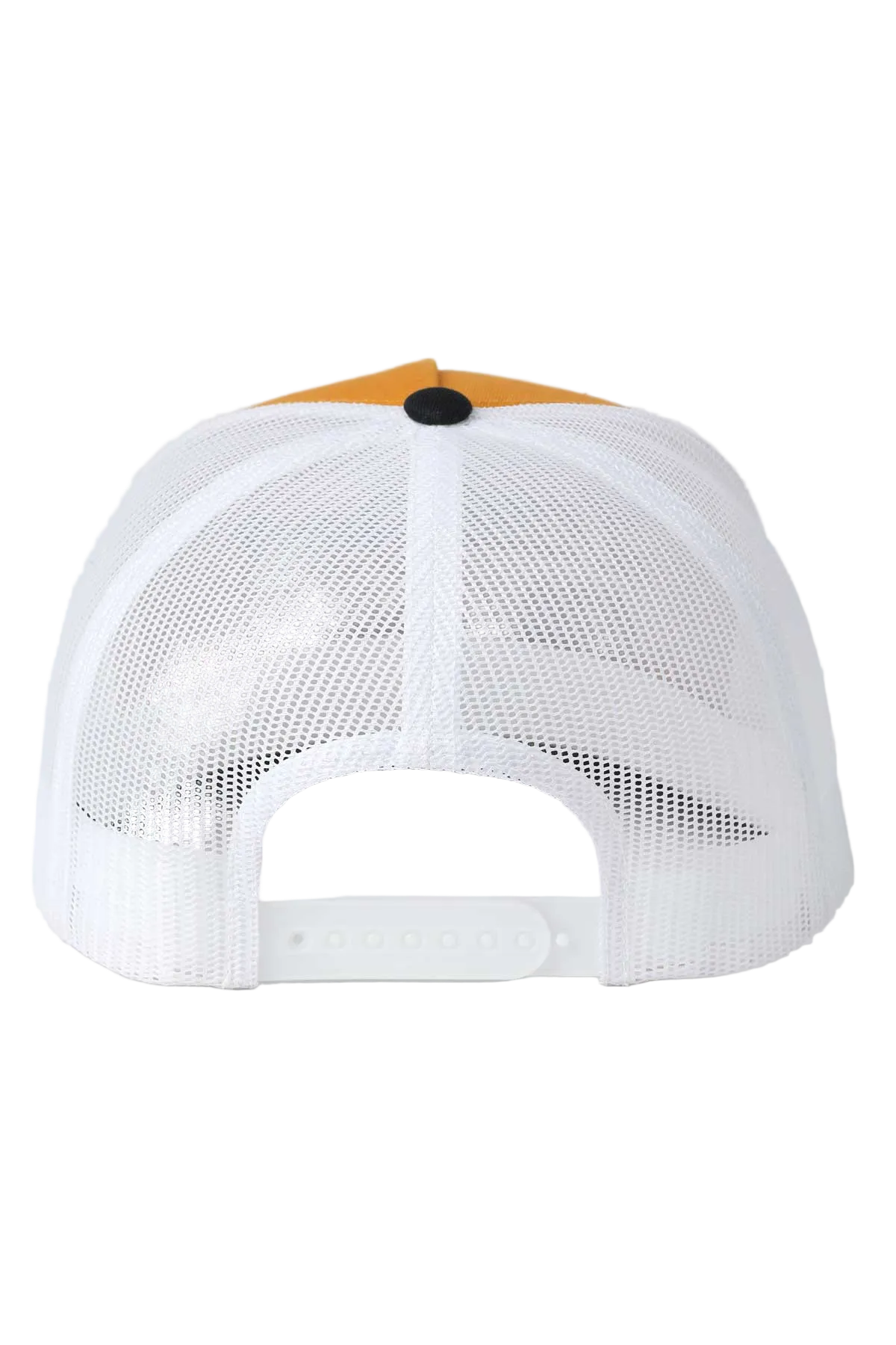 White mesh cap with orange visor on a white background