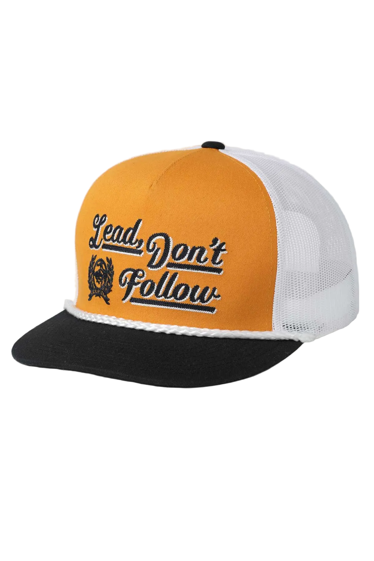 Orange and white cap with black brim and text 'Lead Don't Follow' on a light gray background