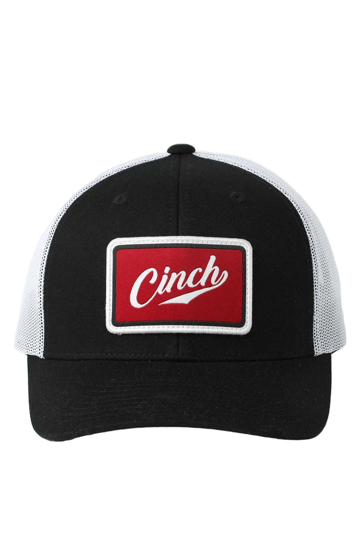 Black and white trucker cap with a red and white 'Cinch' logo on a white background