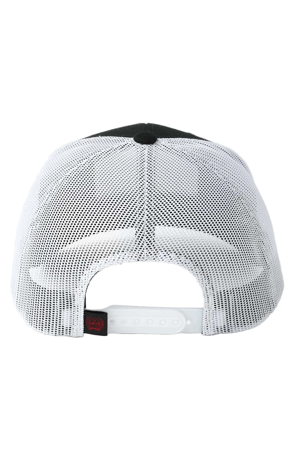 Back view of a white mesh cap with black visor on a white background