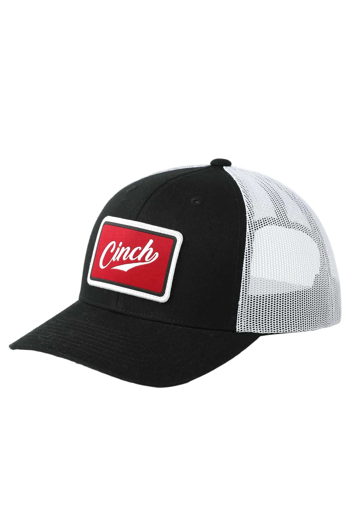 Black and white trucker cap with a red and white 'Cinch' logo on a white background