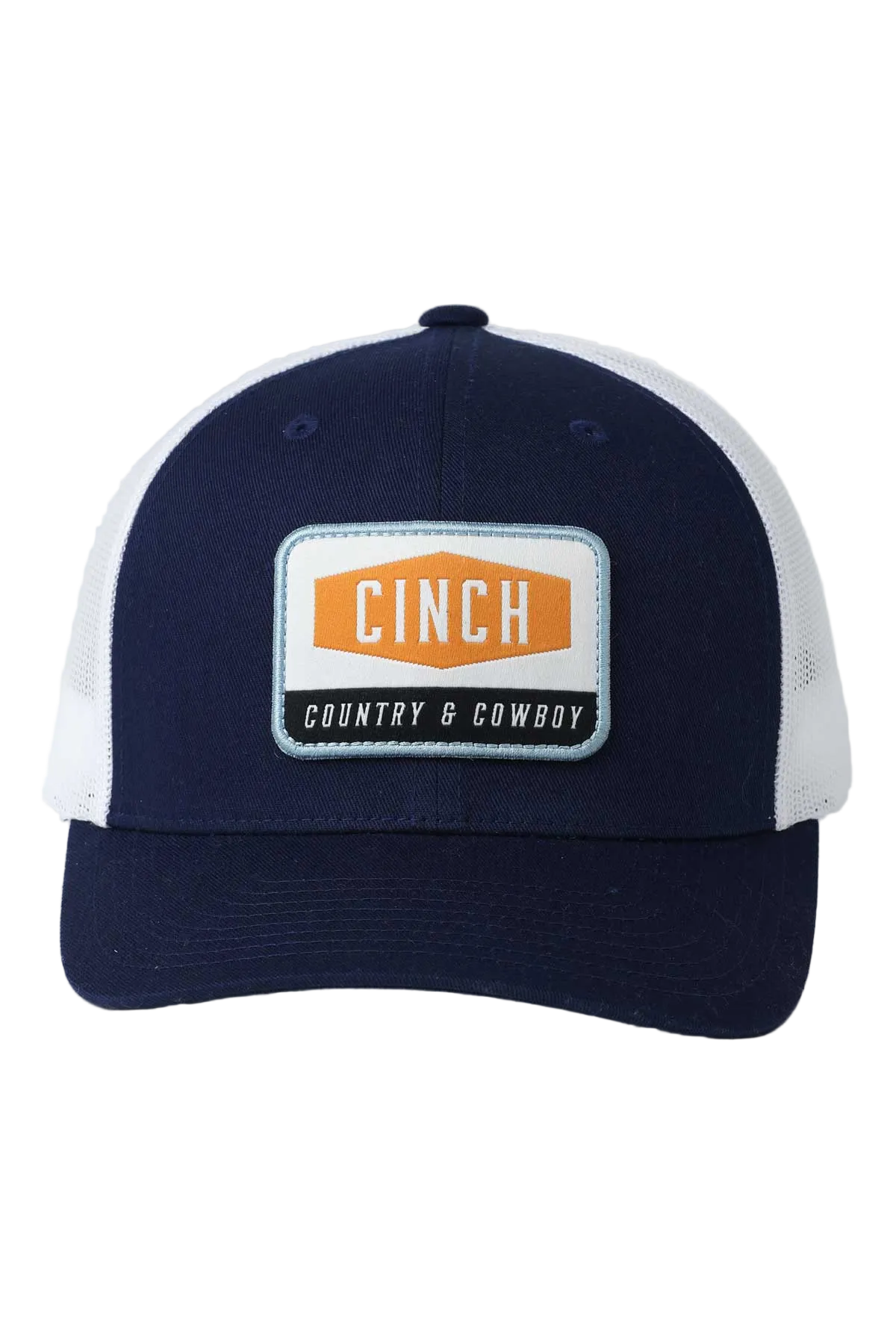 Navy blue and white cap with Cinch logo on a light gray background