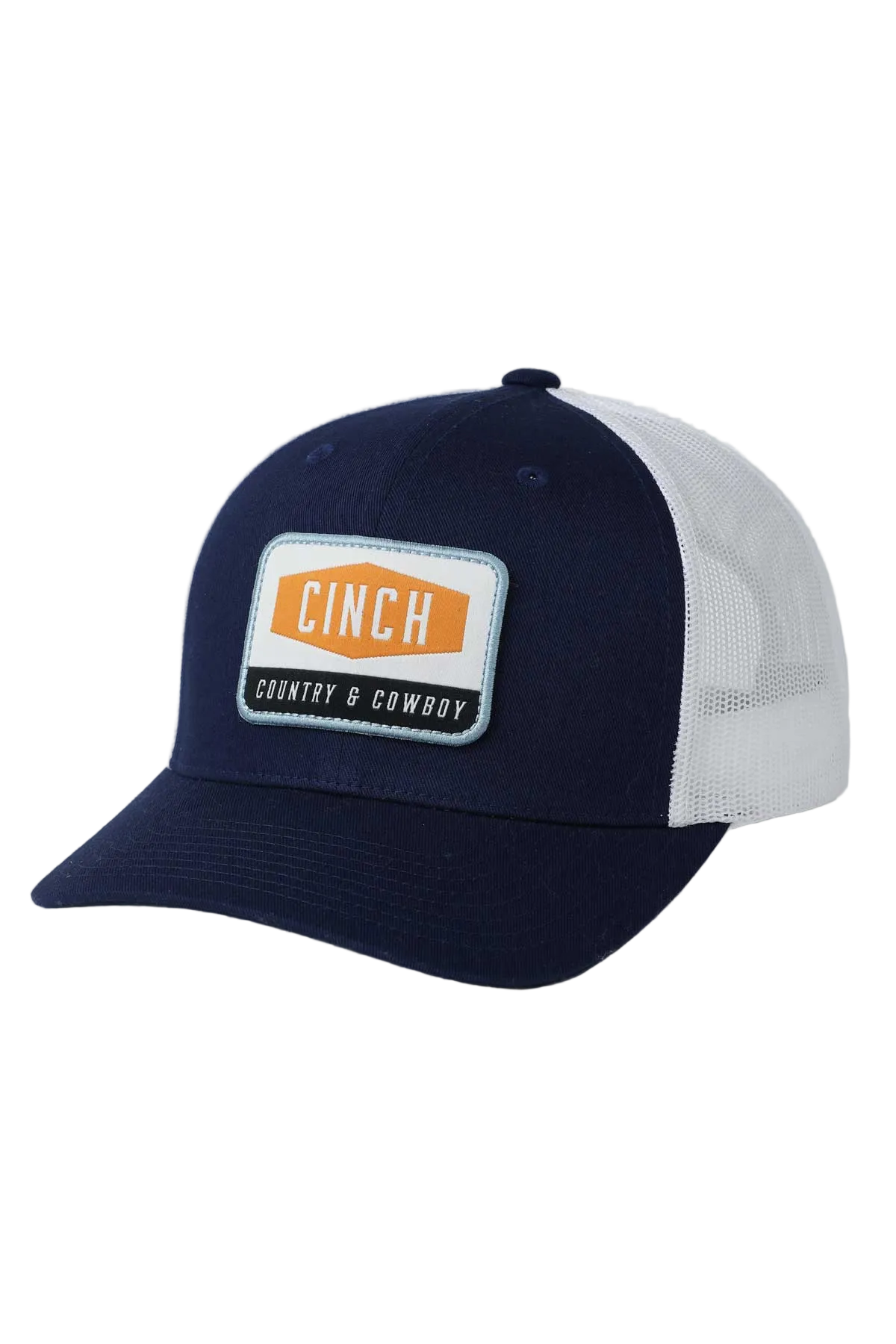 Navy blue and white cap with Cinch logo on a light gray background