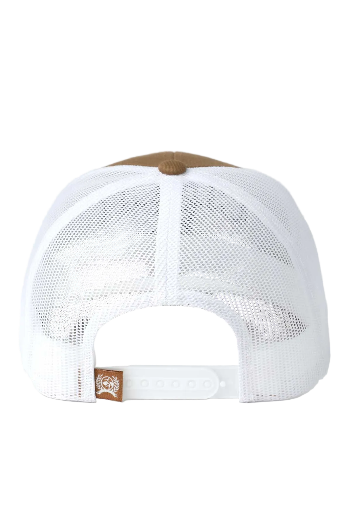 Back view of a cap with a white mesh back and brown visor on a light gray background