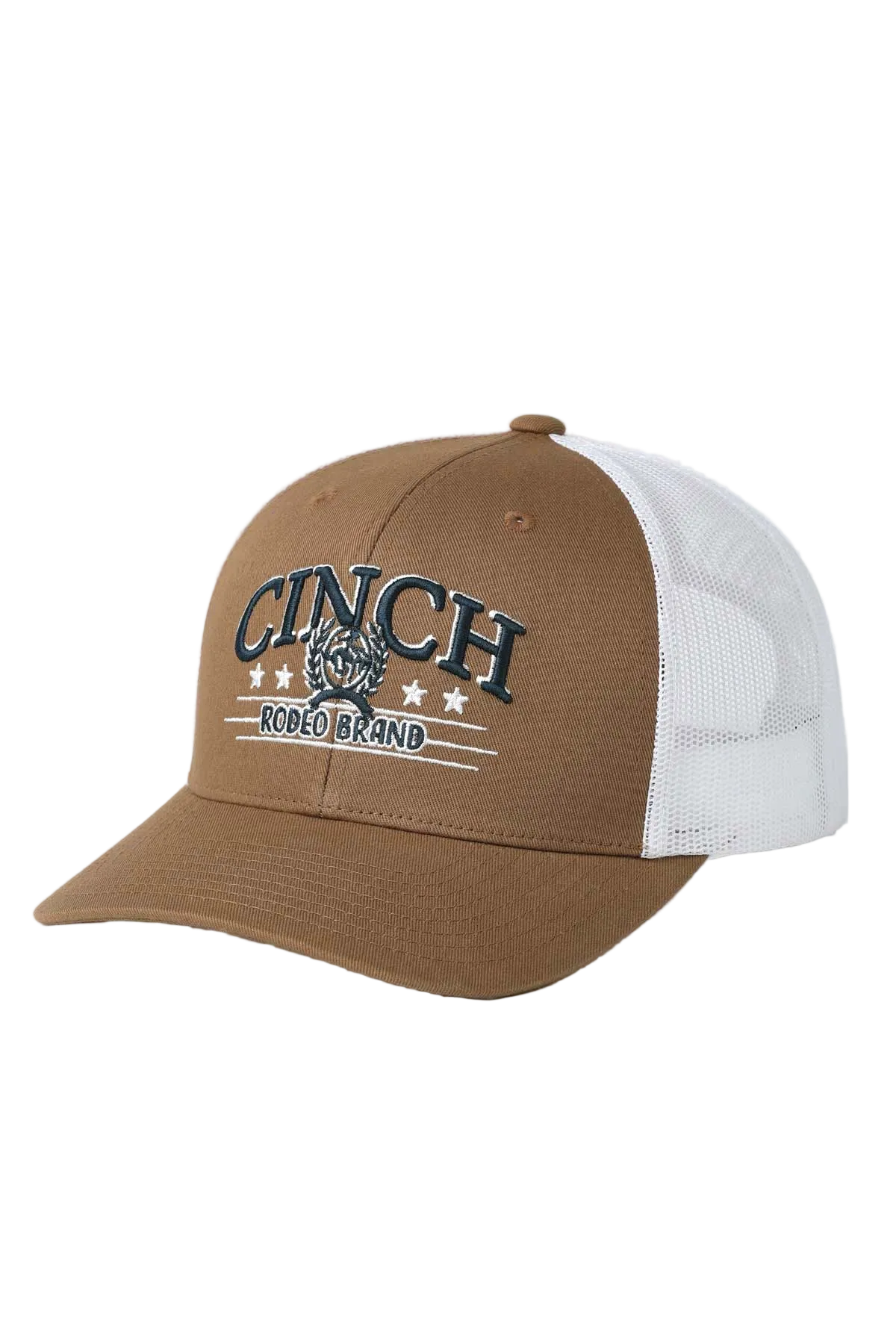 Brown and white cap with 'Cinch' logo on a light gray background