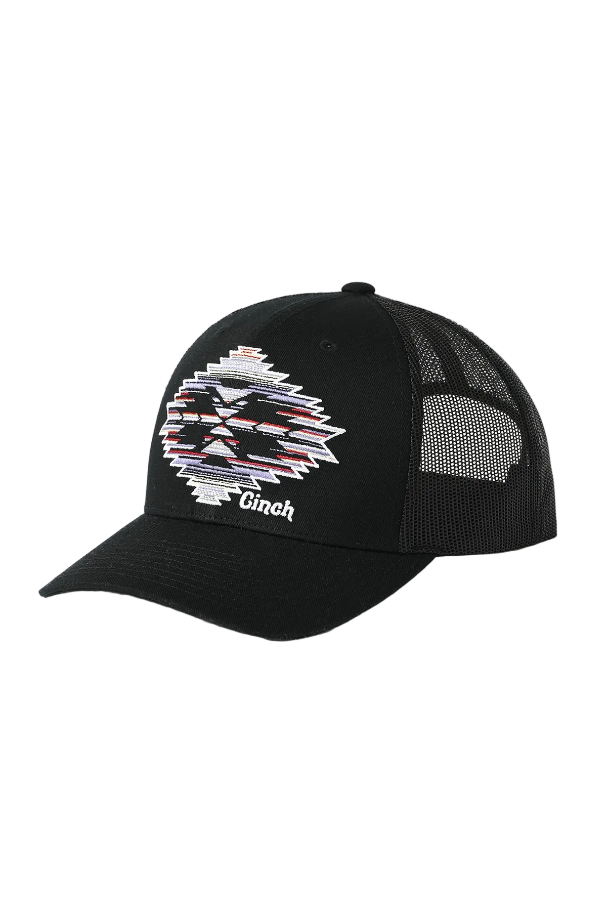 Black cap with geometric pattern and brand logo on a white background