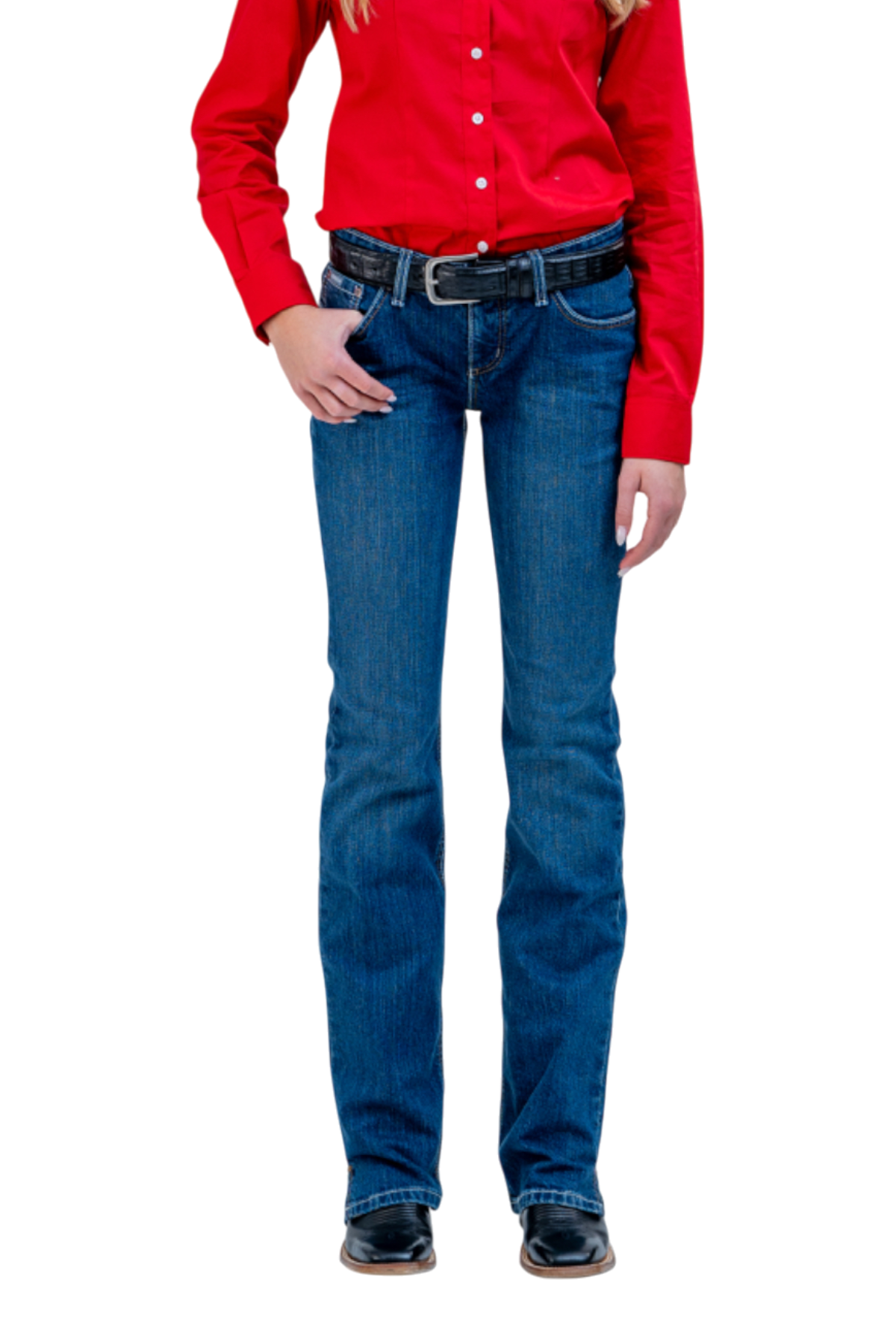 Person wearing blue jeans and a red shirt on a white background