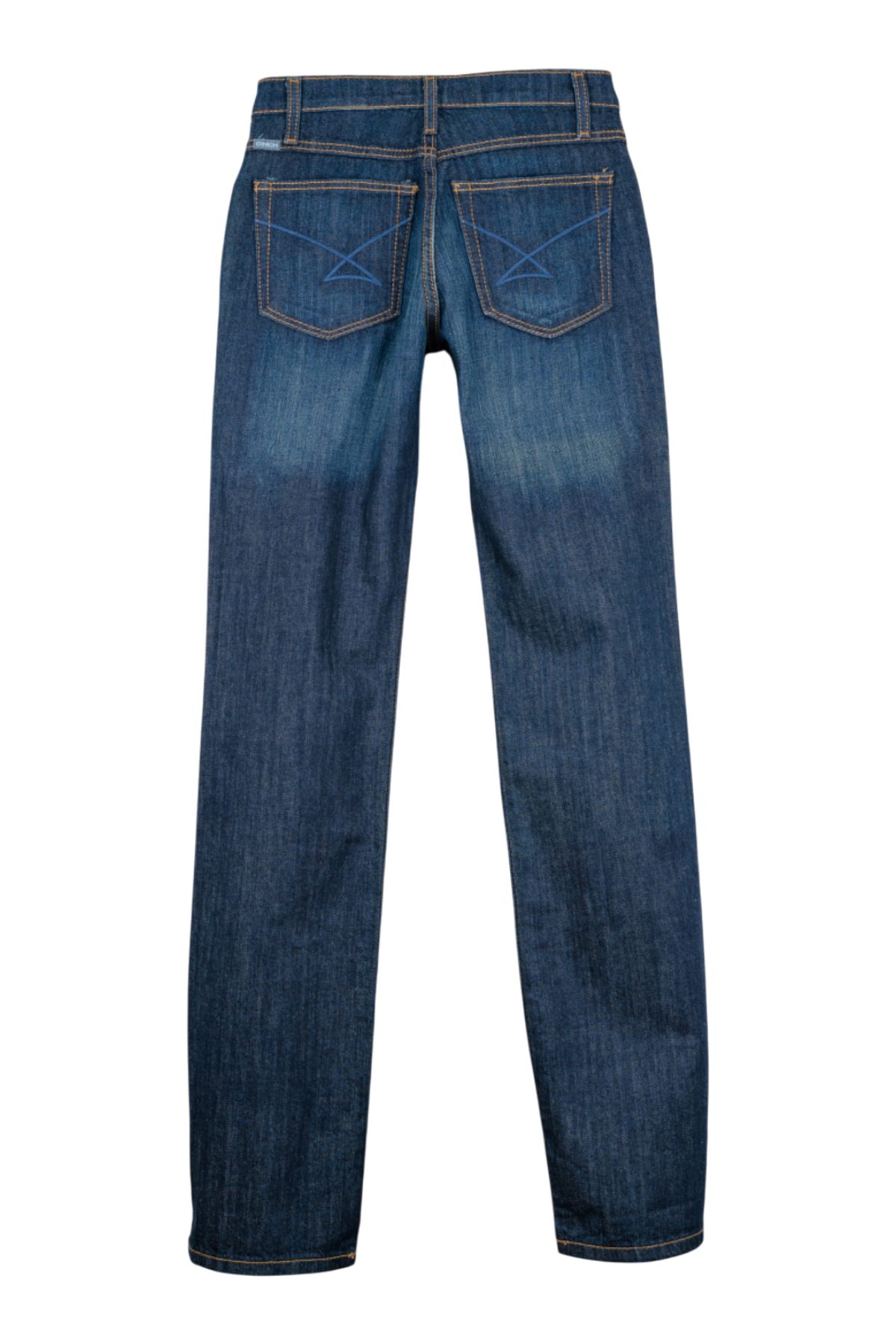 Back view of a pair of blue jeans on a white background