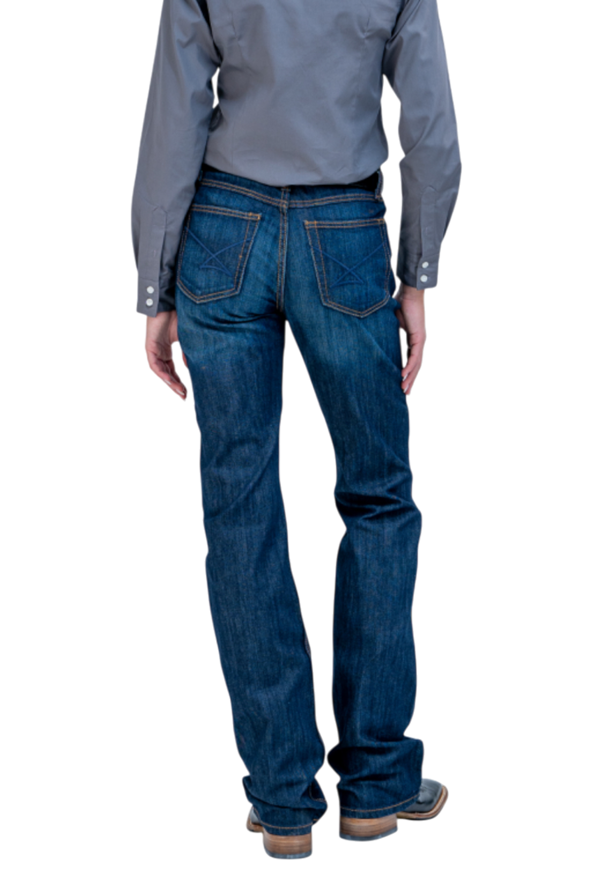 Person wearing blue jeans and a gray shirt on a white background