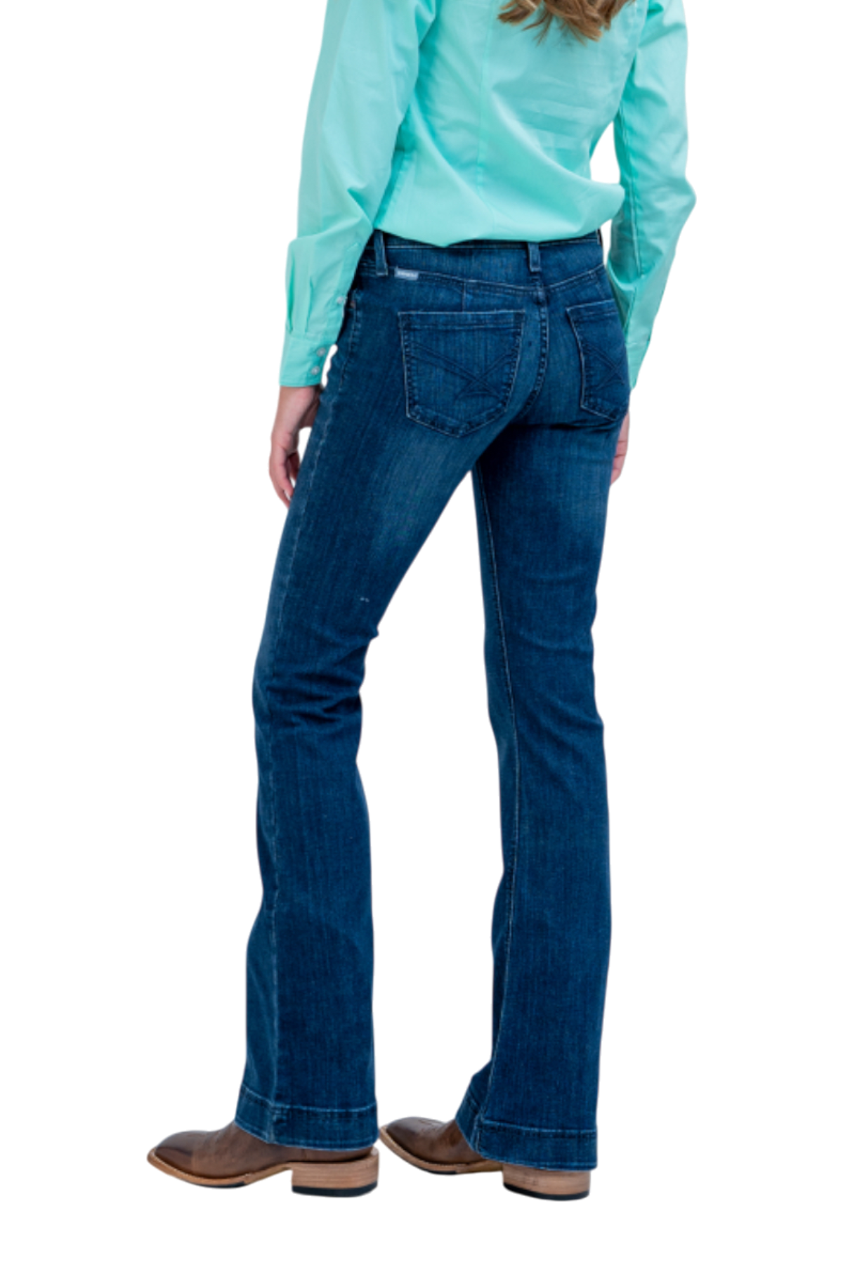 Person wearing blue jeans and a light blue shirt on a white background