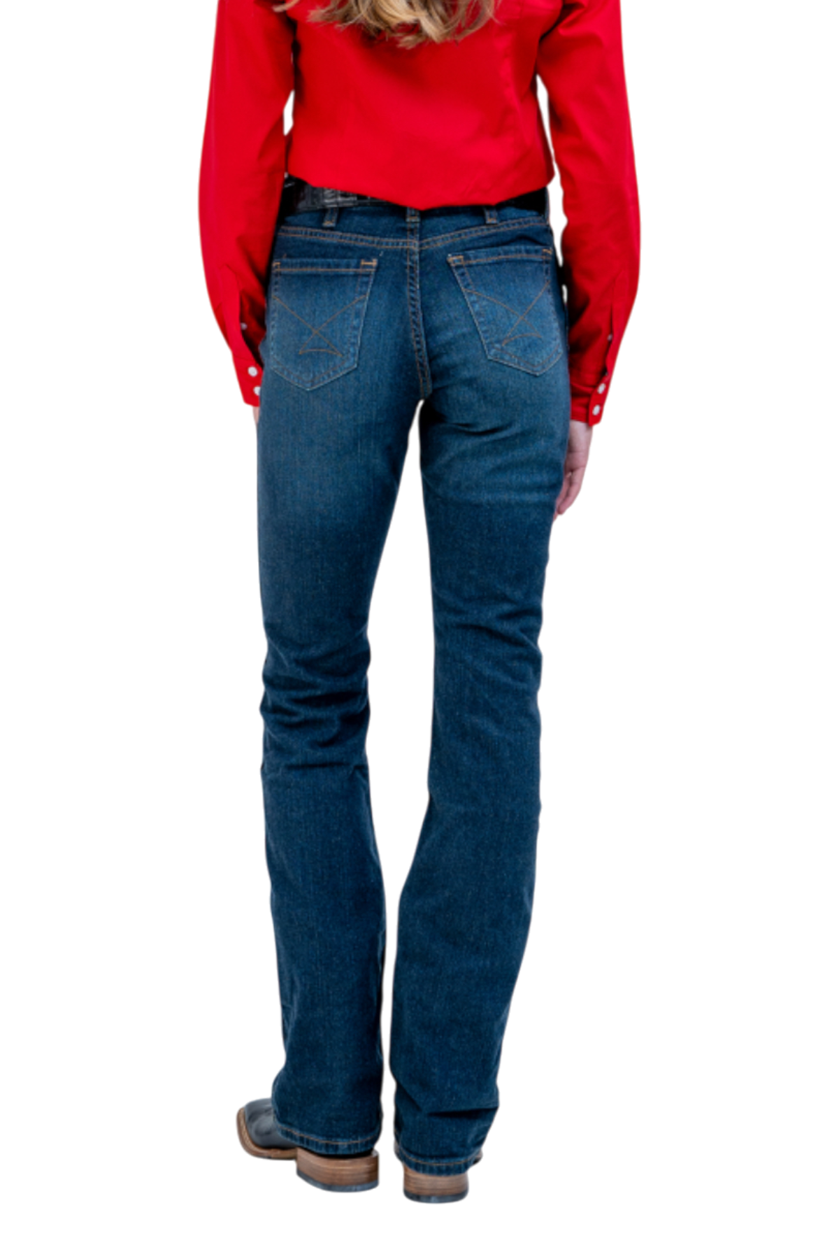Person wearing blue jeans and a red shirt on a white background