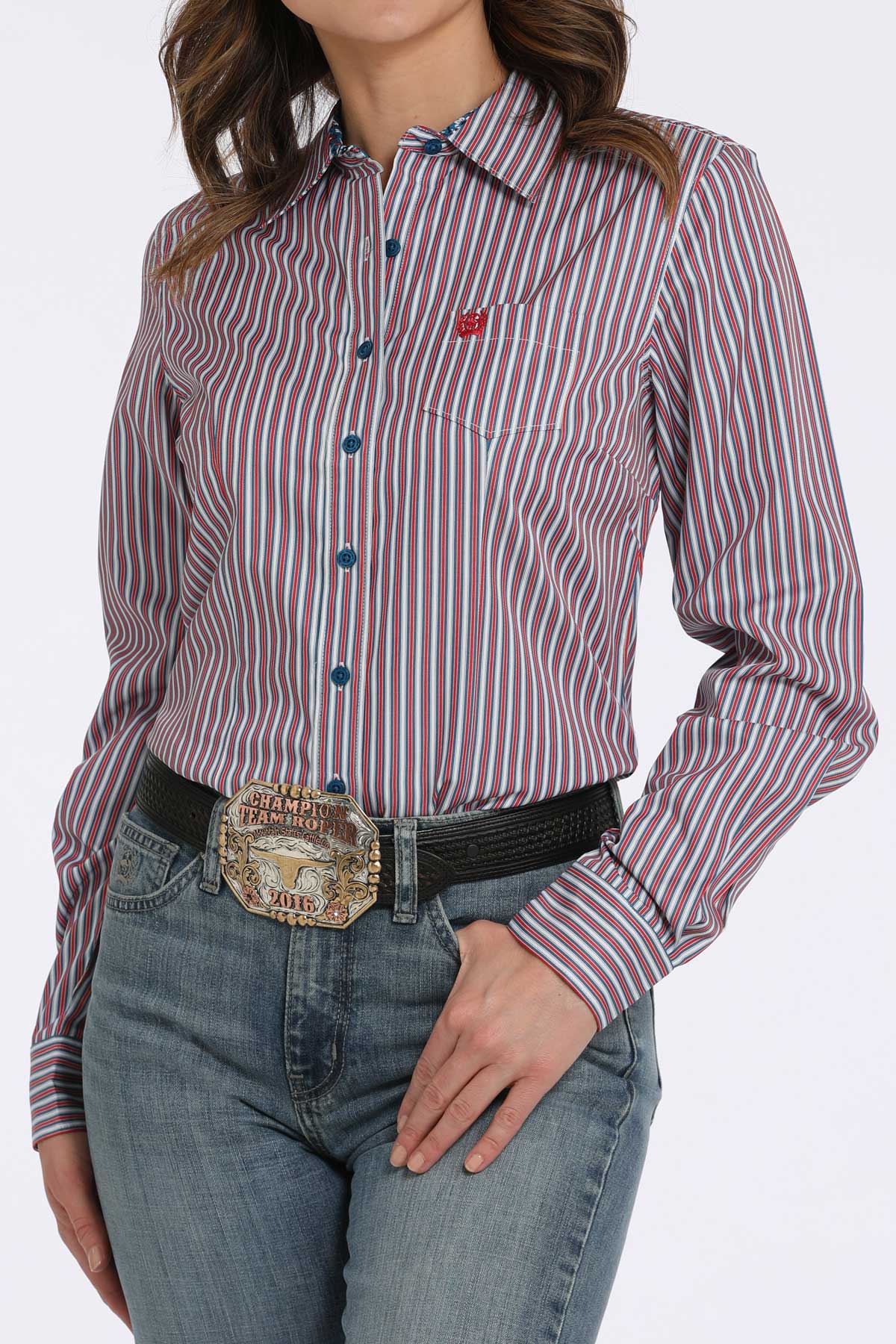 Person wearing a striped shirt and jeans with a belt on a white background