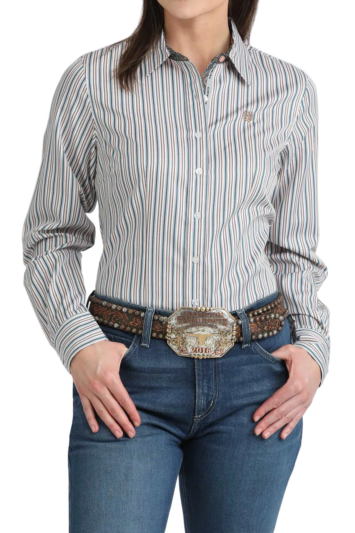 Person wearing a striped shirt and jeans with a decorative belt on a white background