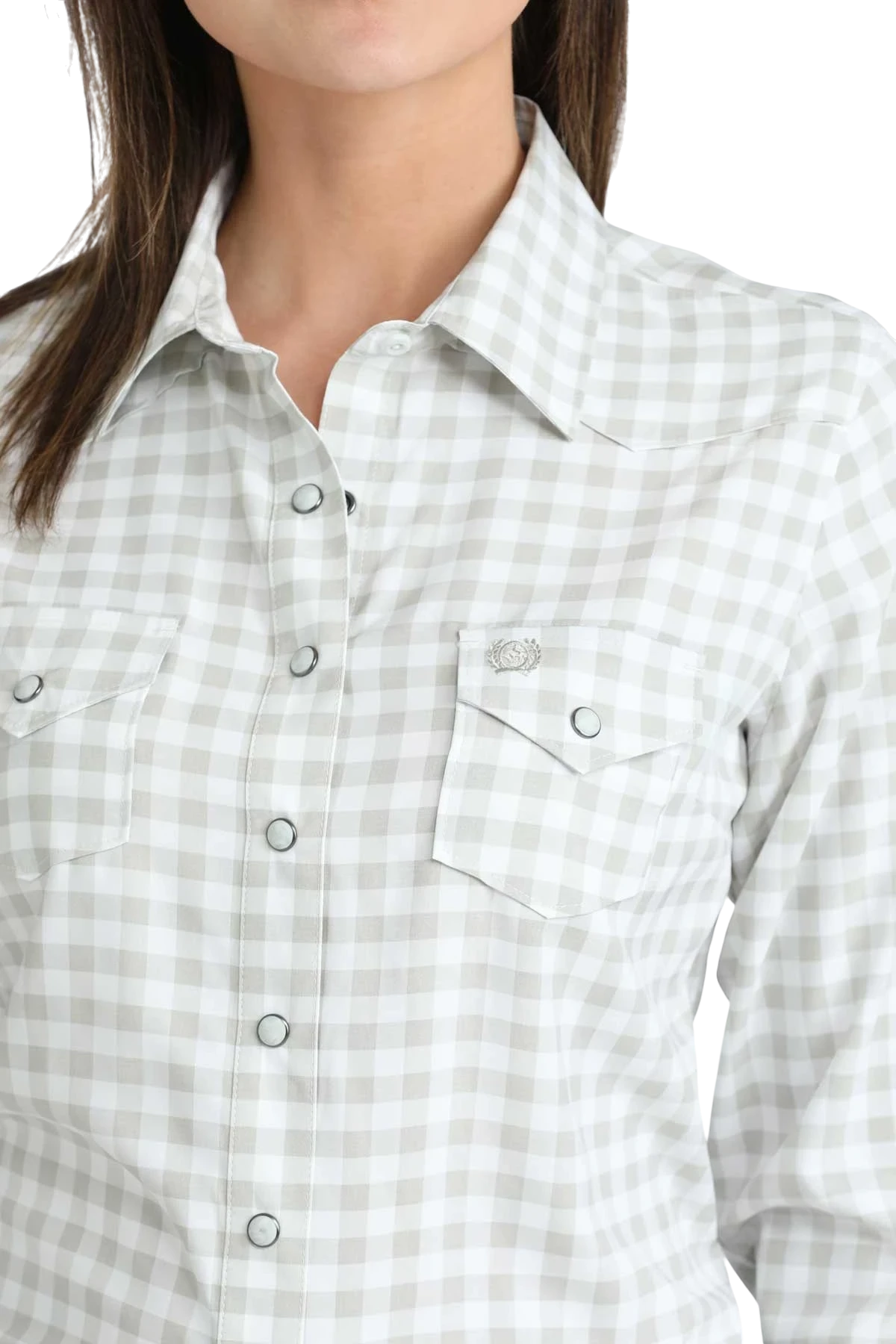 Go West Supply womens long sleeve button-up shirt in a light grey and white gingham pattern. Features pearl snaps and an embroidered logo.
