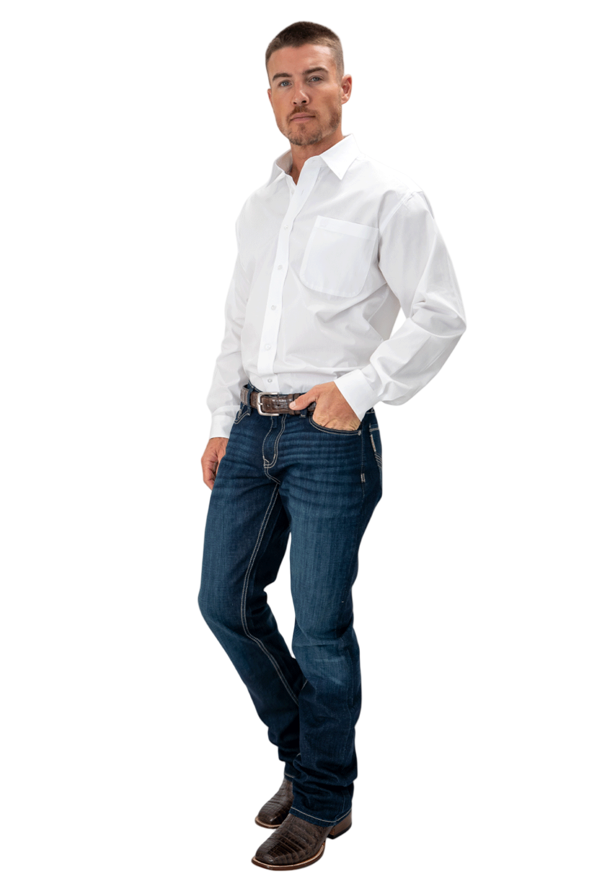 Man wearing a white shirt and blue jeans on a white background