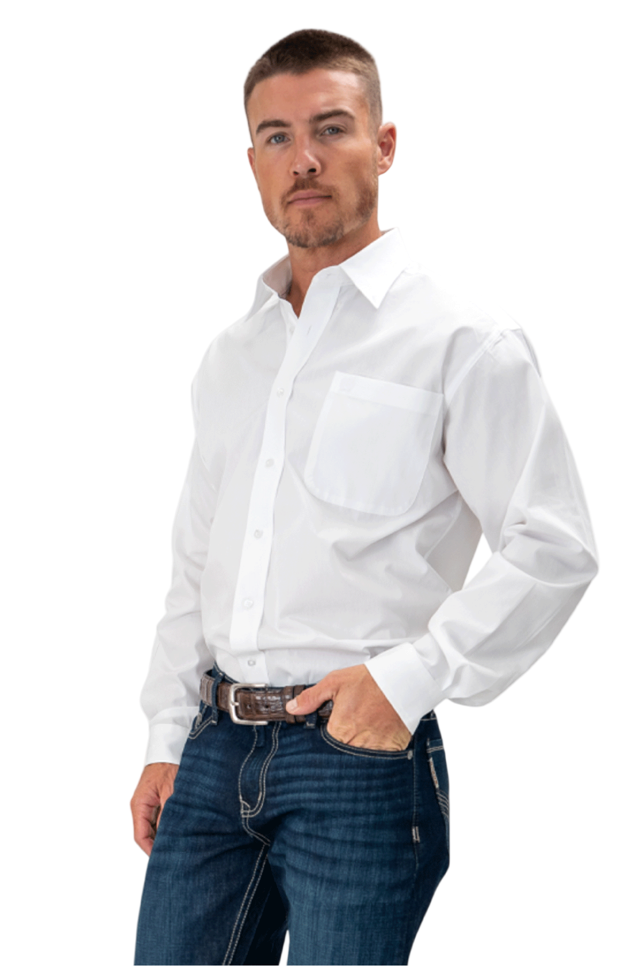Man wearing a white dress shirt and dark jeans on a white background