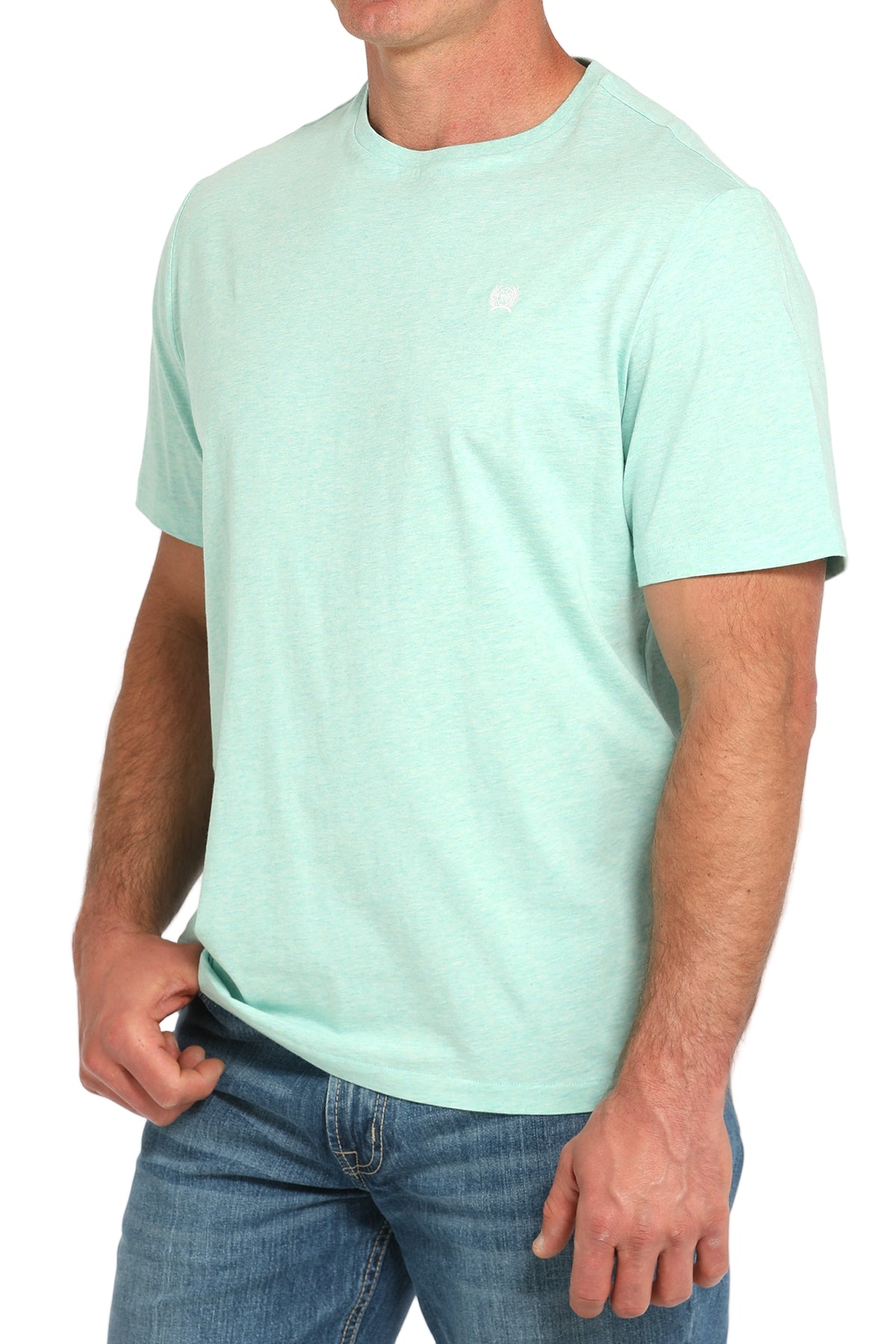 Person wearing a light blue t-shirt and jeans on a white background