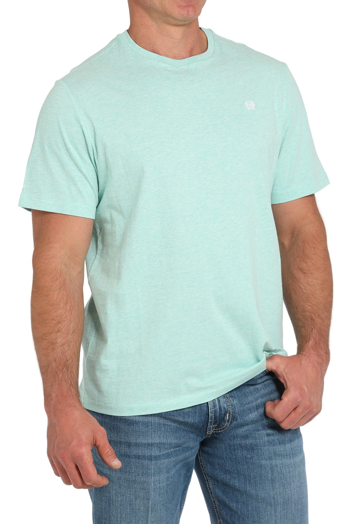 Person wearing a light green t-shirt and blue jeans on a white background