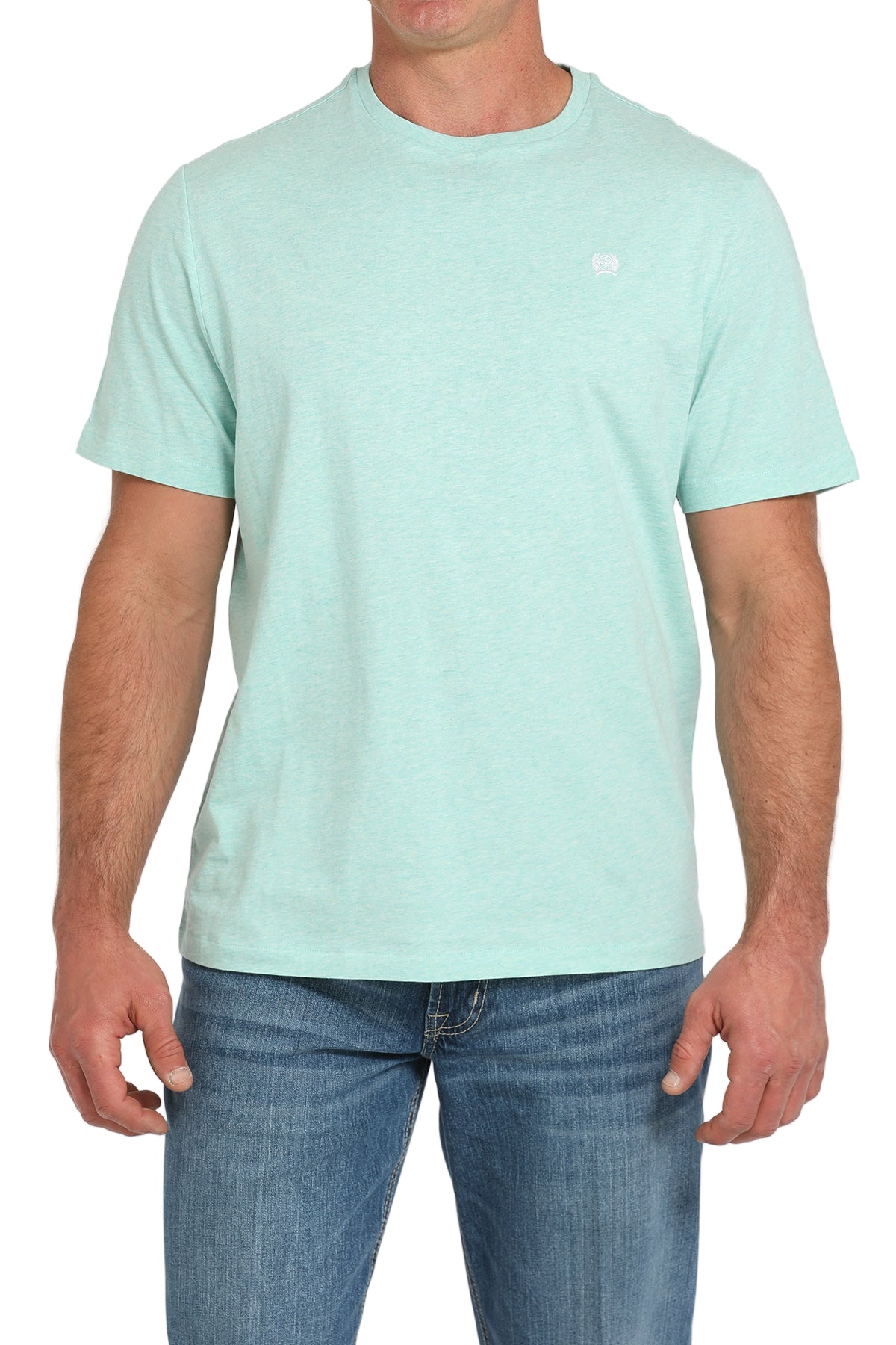 Person wearing a light green t-shirt and blue jeans on a white background