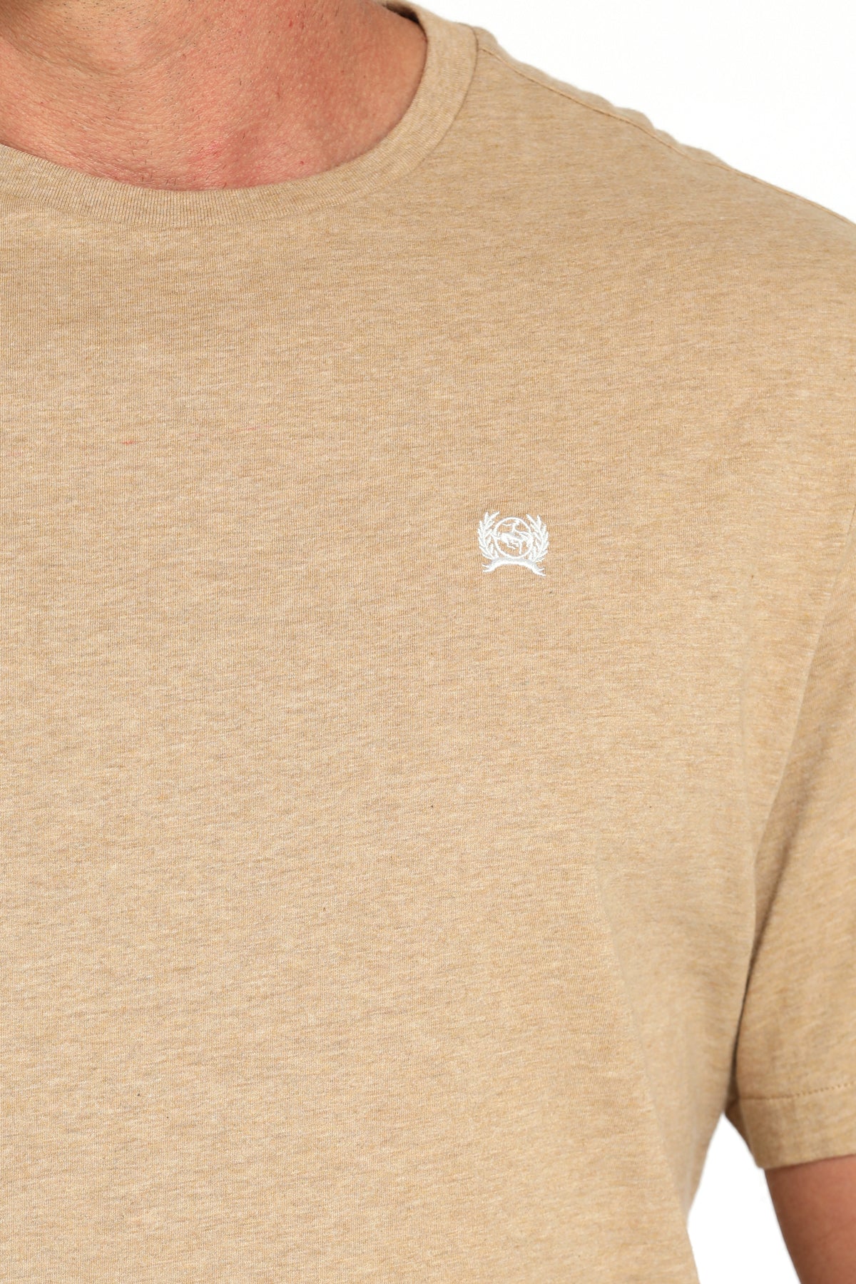 Close-up of a man wearing a light tan t-shirt on a white background