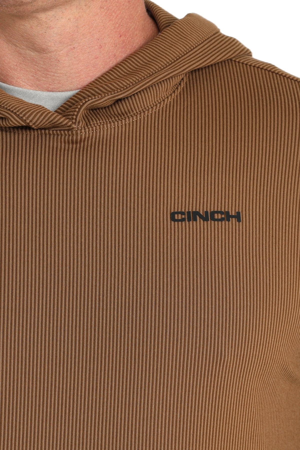 Brown ribbed hoodie with 'CINCH' logo on a white background
