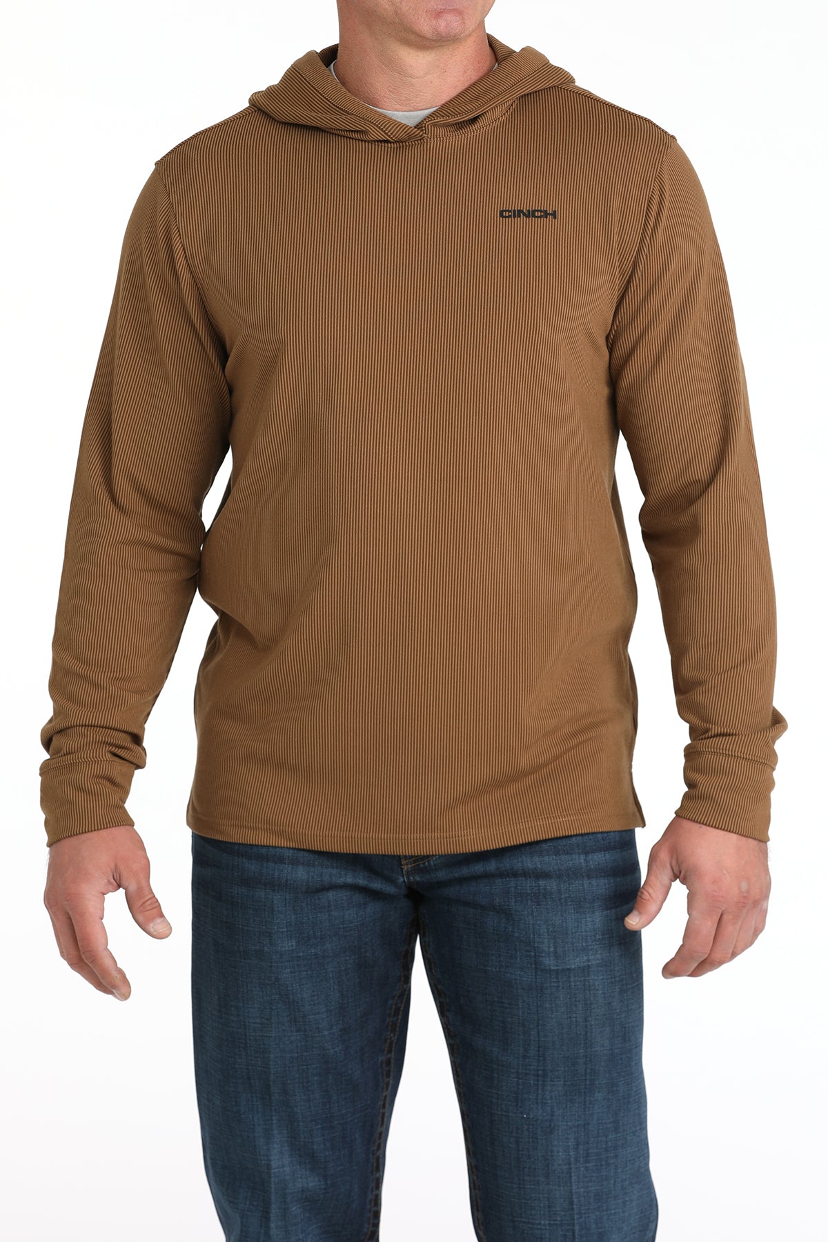 Man wearing a brown hoodie with a visible brand logo on a white background