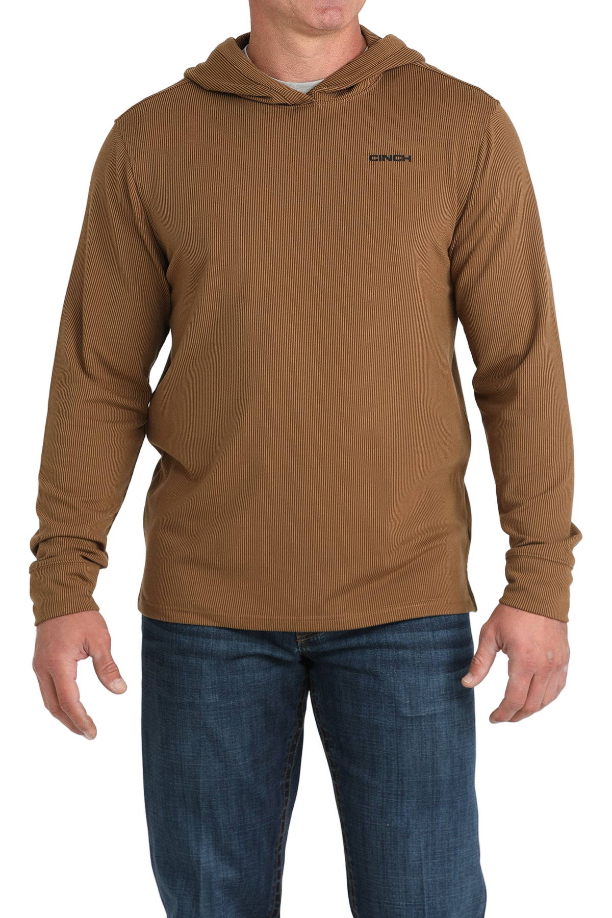 Man wearing a brown hoodie with a small 'Cinch' logo on the chest, paired with jeans on a transparent background
