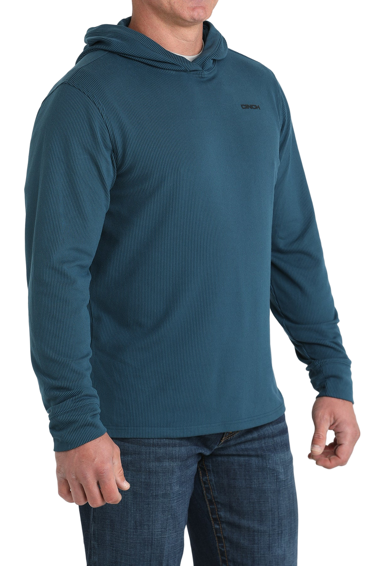 Man wearing a navy hoodie with a small 'Cinch' logo on the chest, paired with jeans on a transparent background