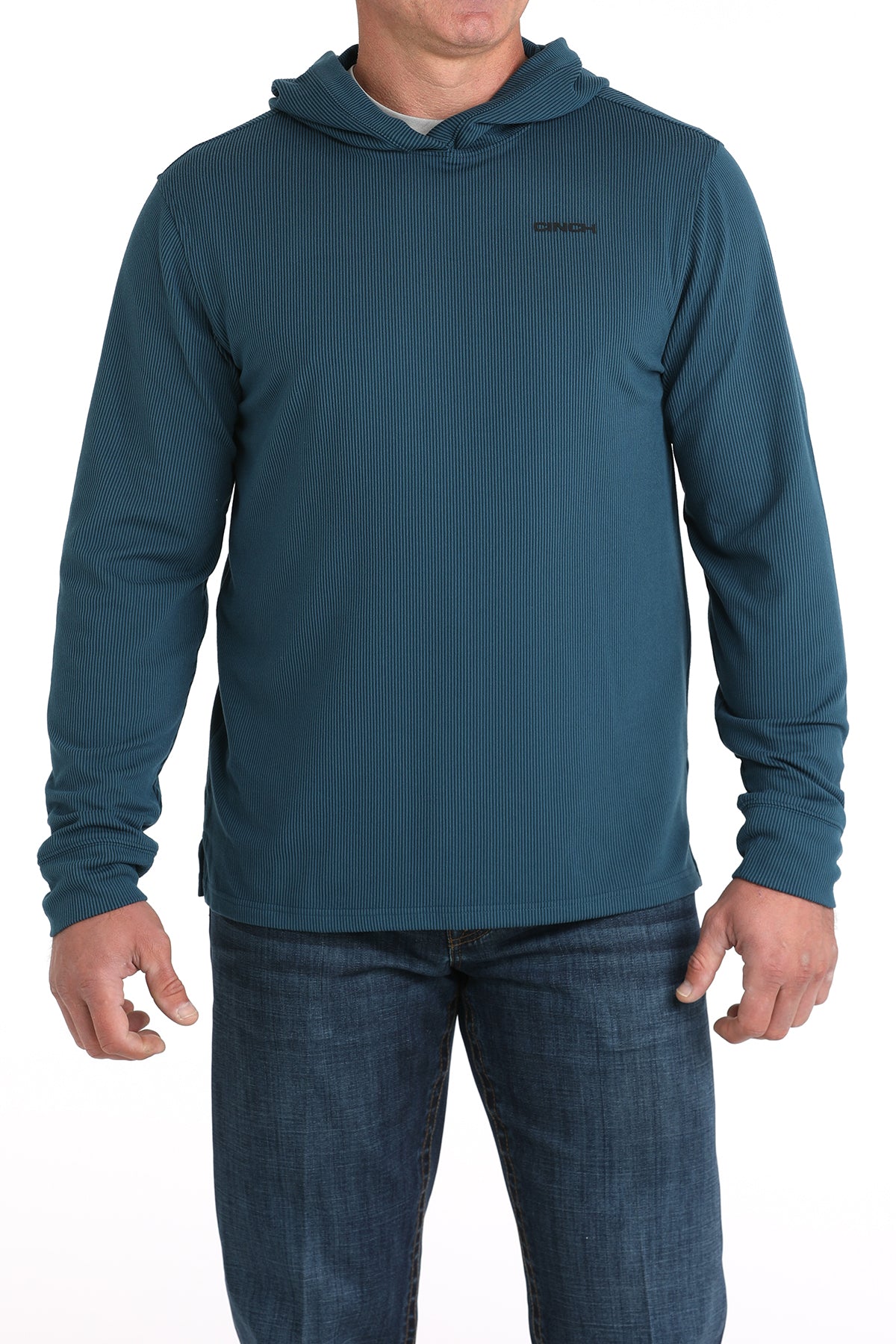 Man wearing a blue hoodie with a visible brand logo on a white background