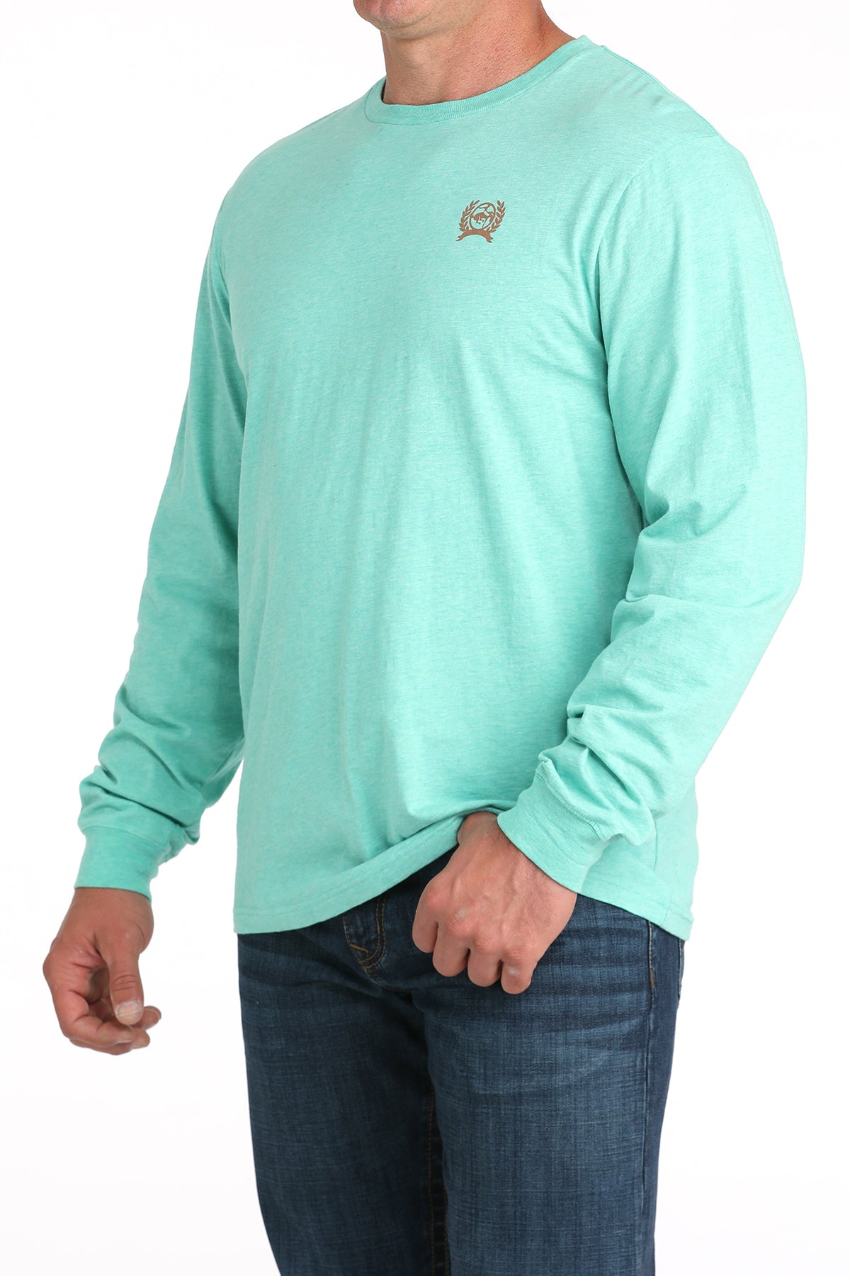 Man wearing a light blue long-sleeve shirt with a logo on a white background