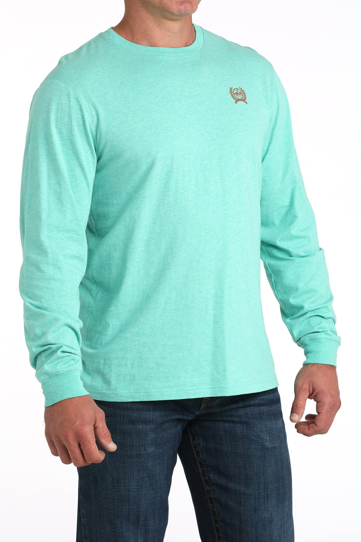 Person wearing a light blue long-sleeve shirt with a logo on a white background