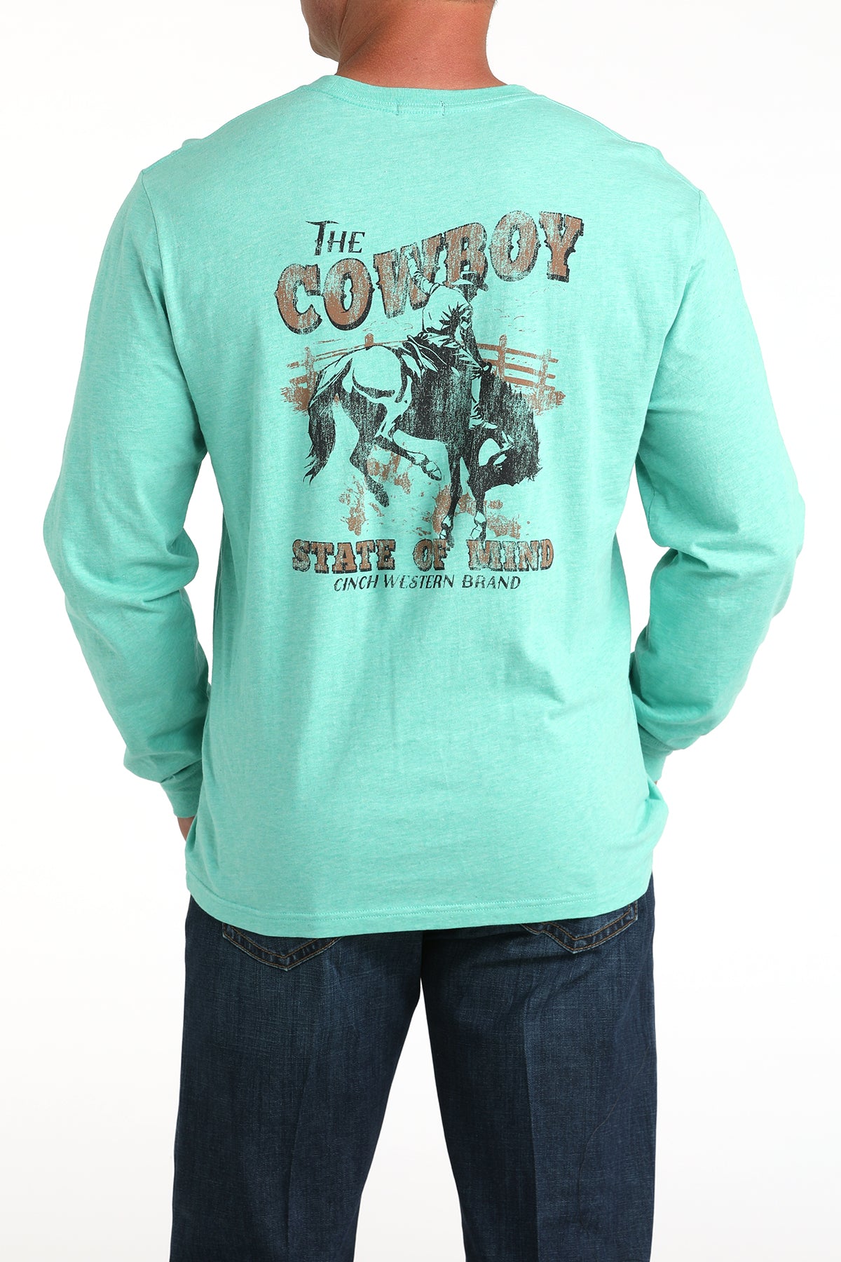 Mint green long-sleeve shirt with cowboy graphic and text on a white background