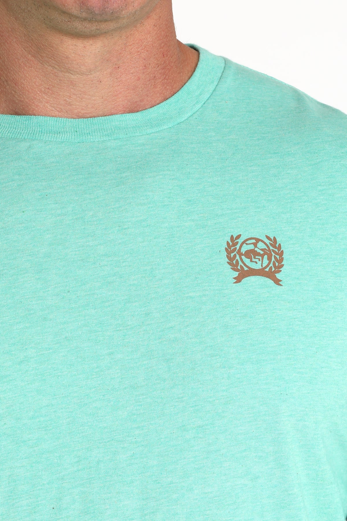 Close-up of a light blue t-shirt with a small logo on the chest.