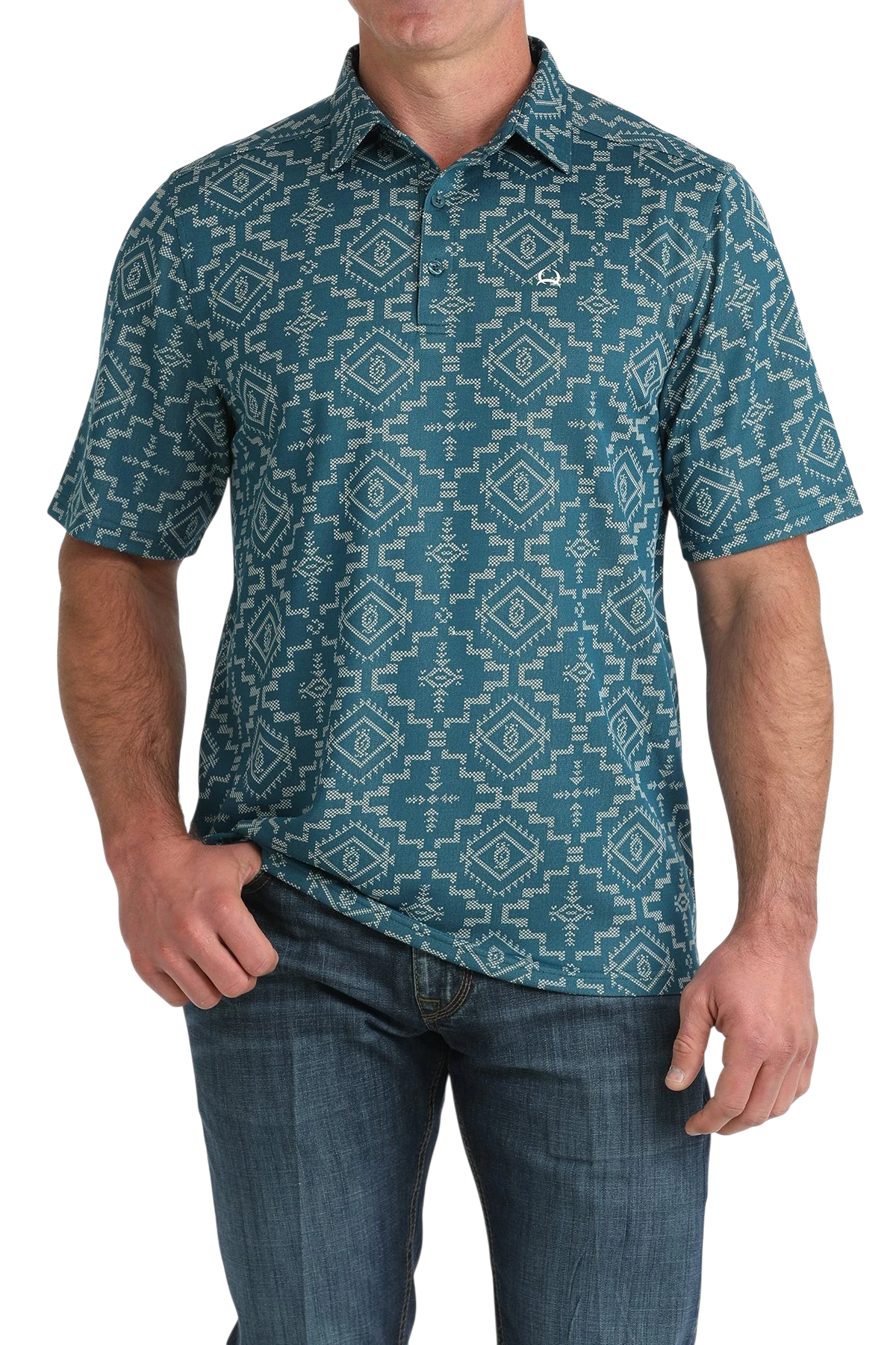 Go West Supply men's teal and white geometric print short sleeve polo shirt with ArenaFlex fabric.